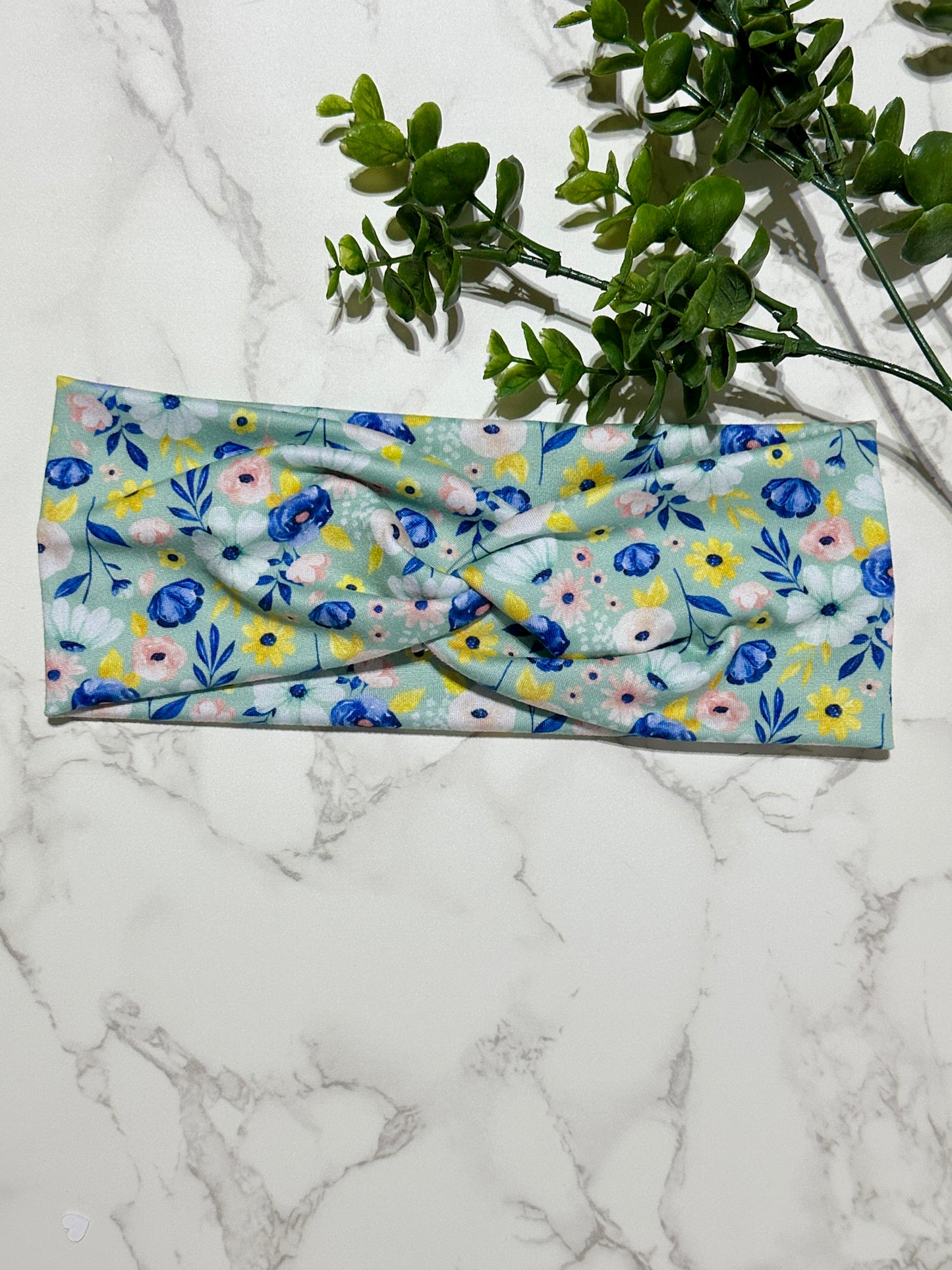 Beautiful Spring Flowers on Mint Twist Headband
