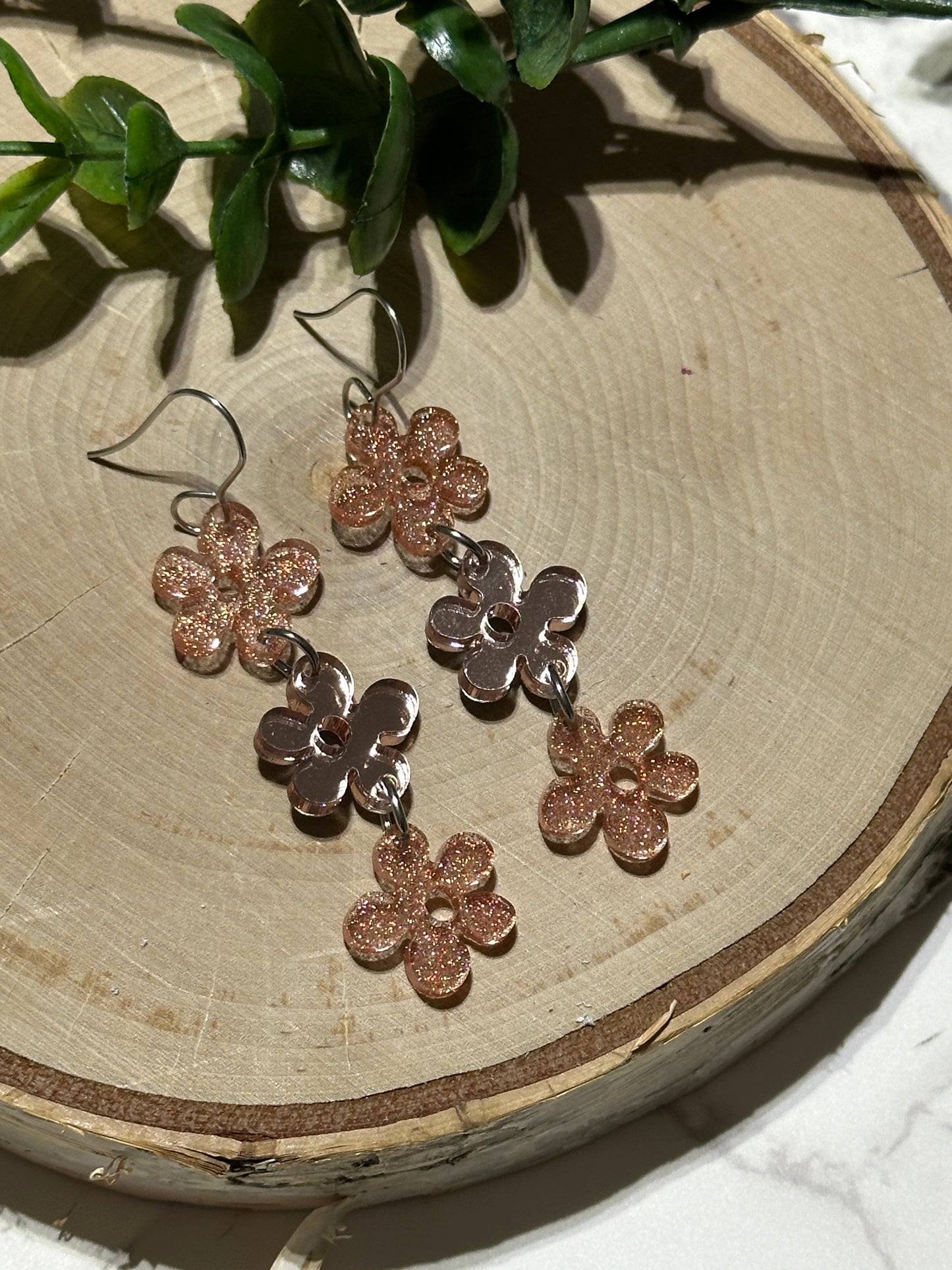 Triple Layer Rose Gold Glitter/Metallic Flower Earrings