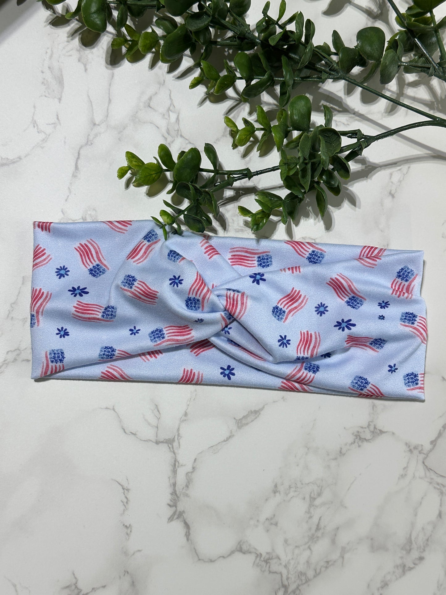 American Flag on Light Blue Twist Headband