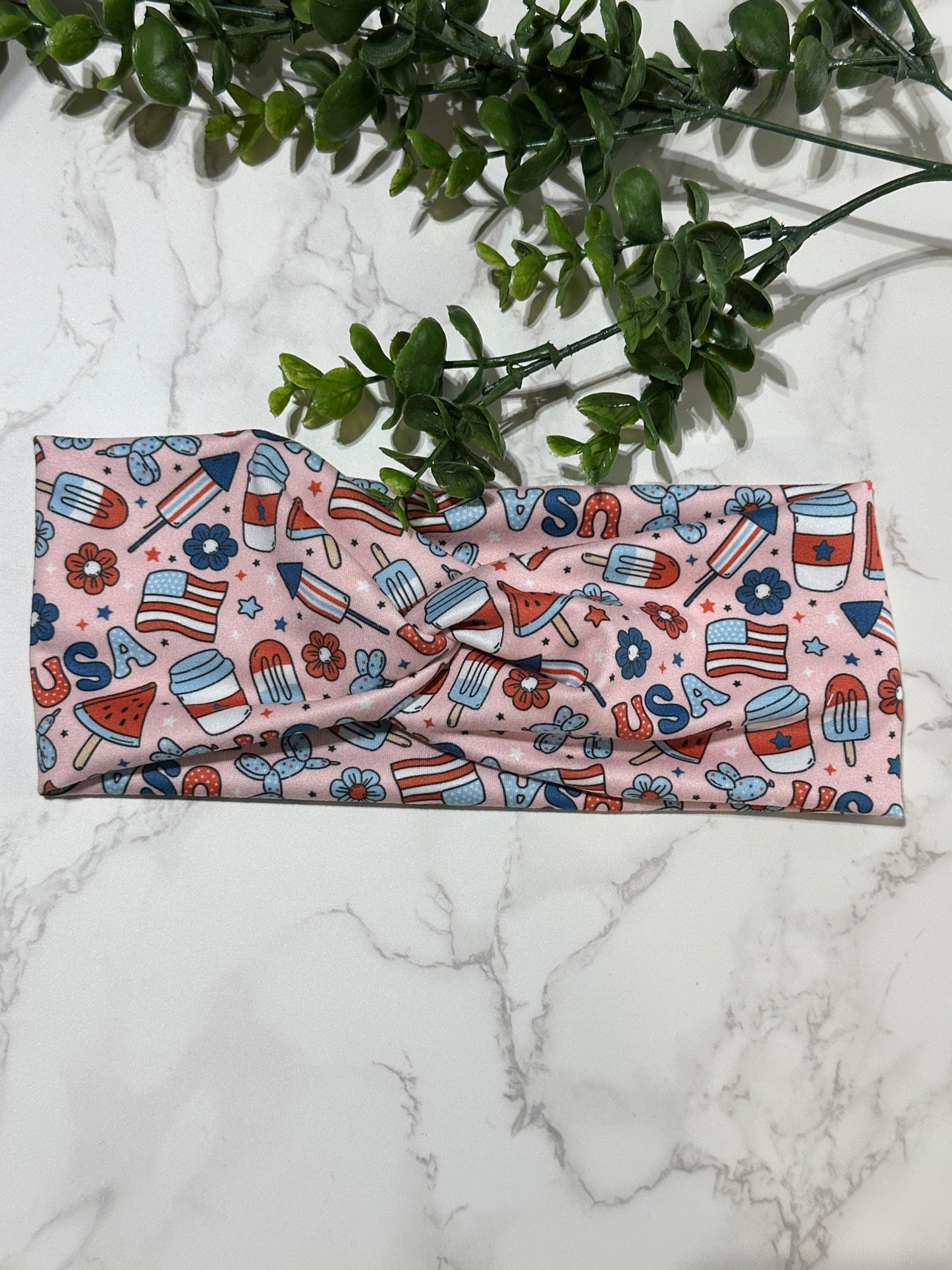 Red/White/Blue USA on Pink Twist Headband