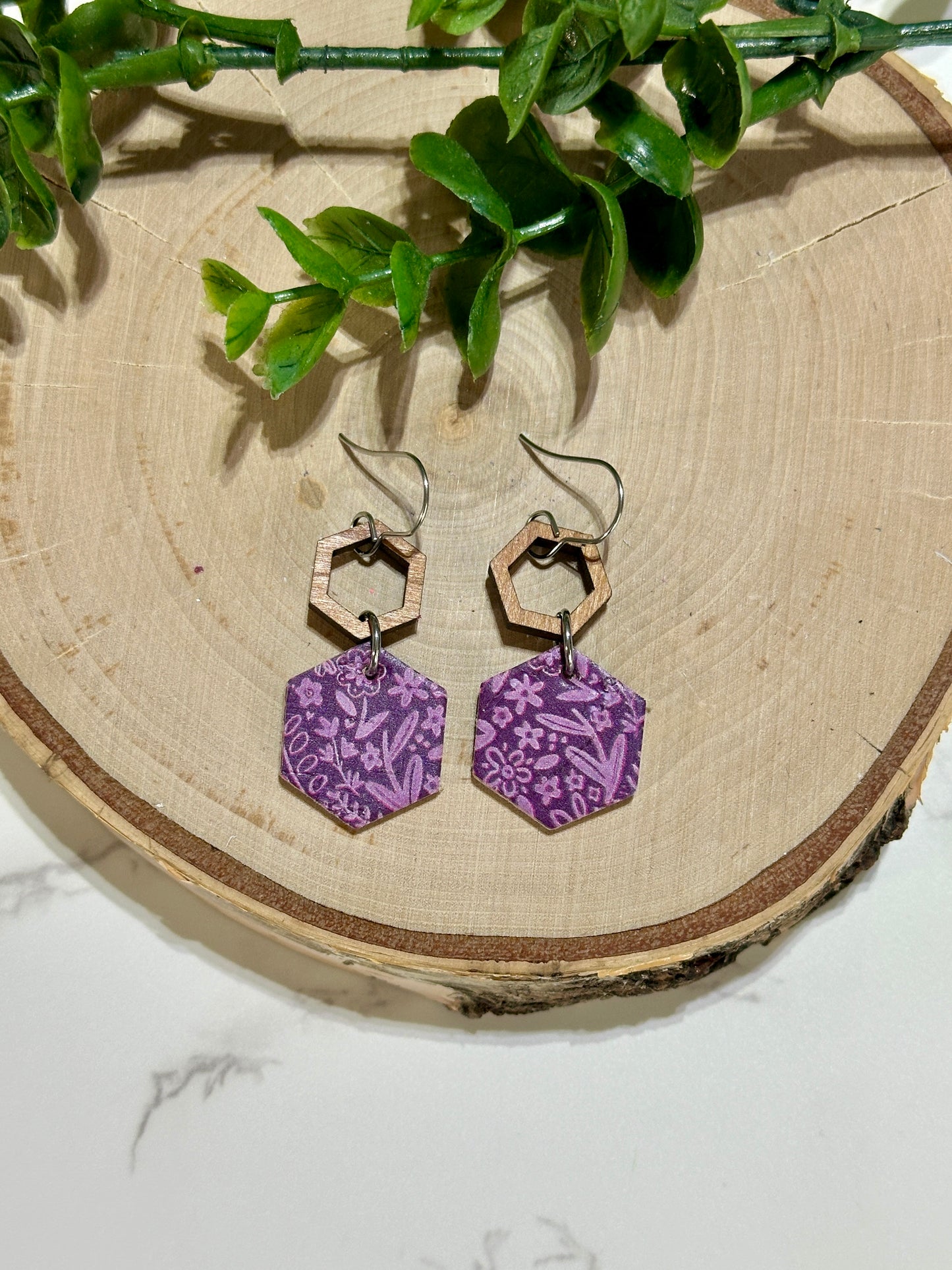 Hexagon/Connector Earrings - Purple Foliage