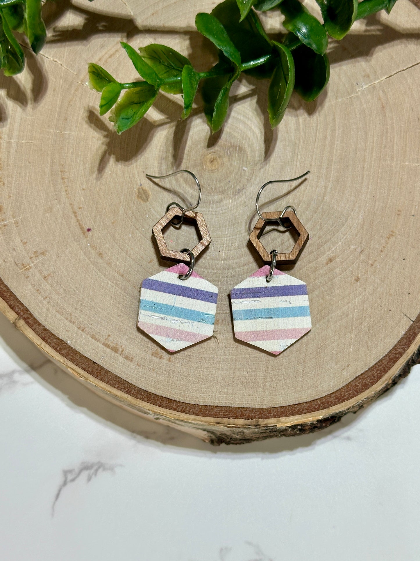 Hexagon/Connector Earrings - Pastel Stripes