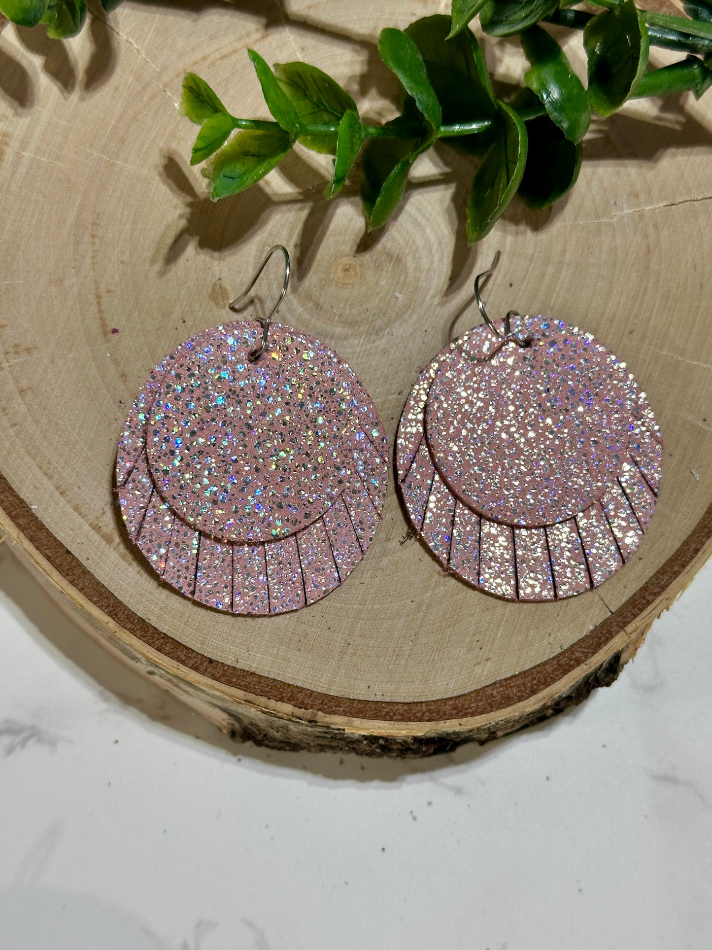 Double Circle Fringe Earrings - Pink Sparkle