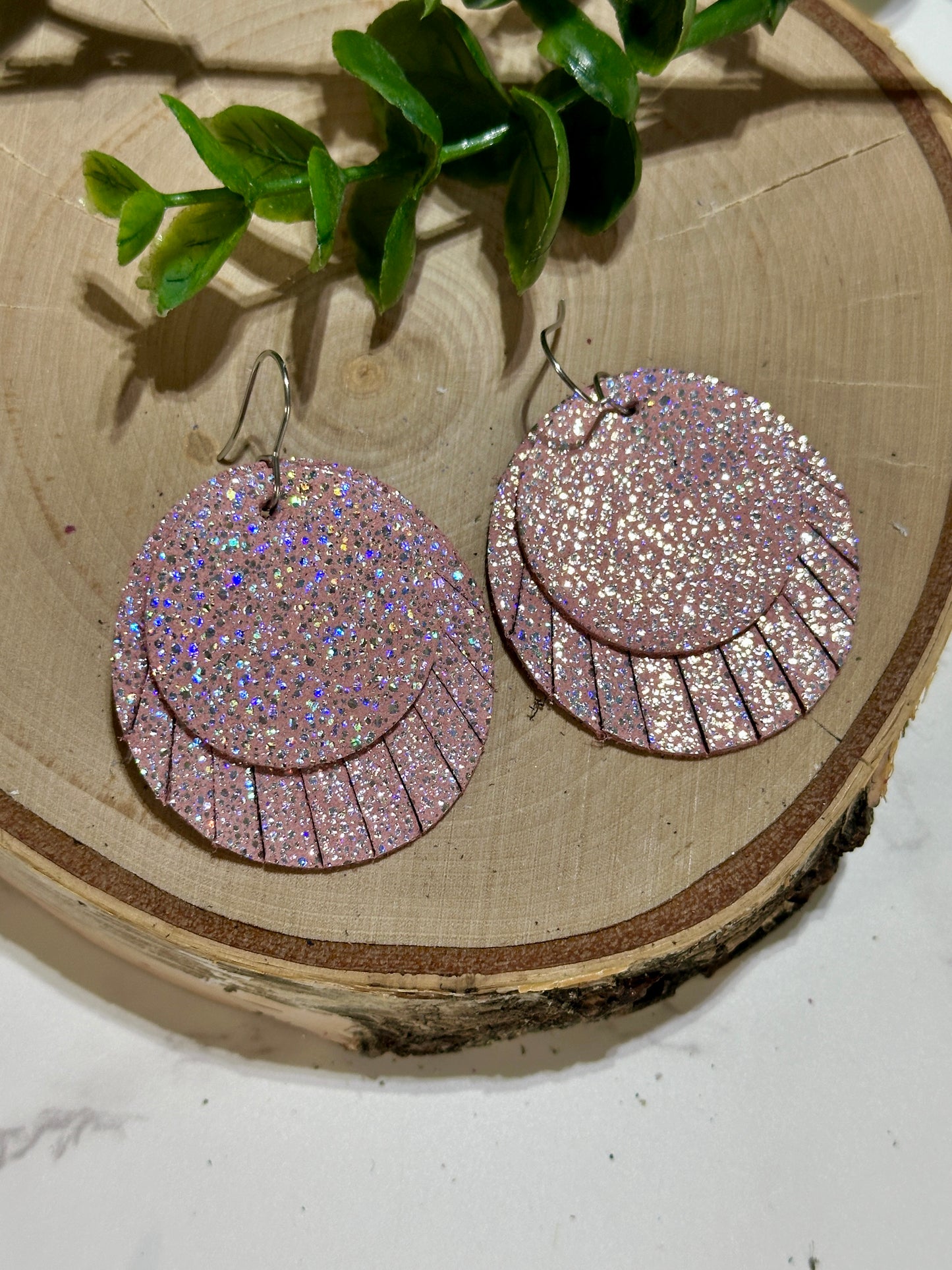 Double Circle Fringe Earrings - Pink Sparkle