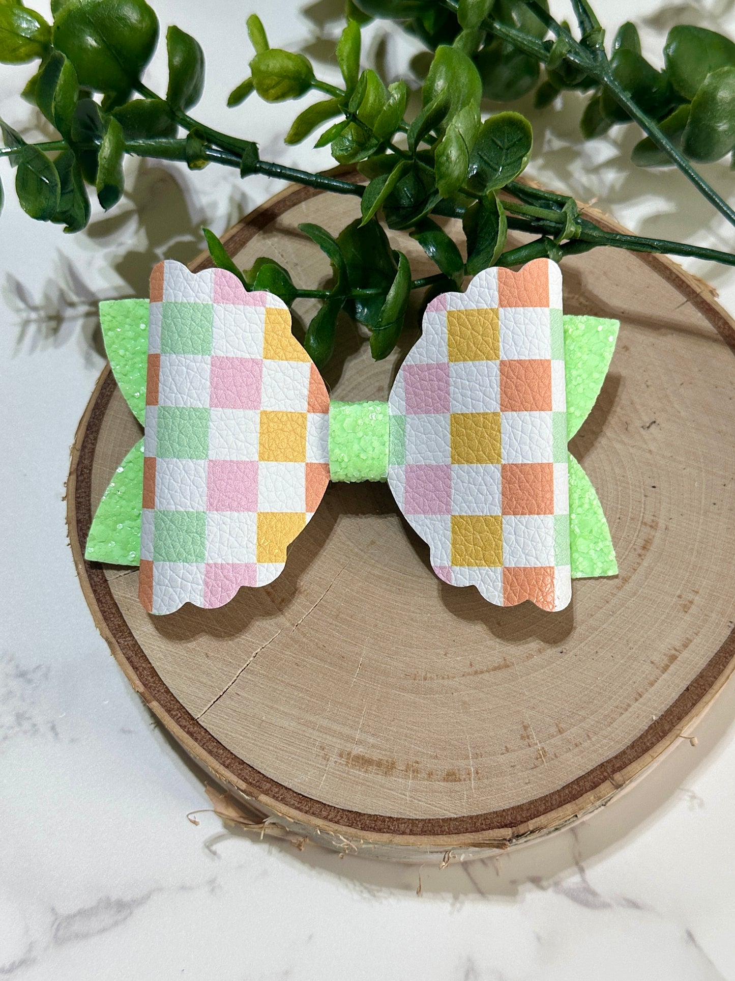 Pastel Checkered Hairbow on Lime Glitter