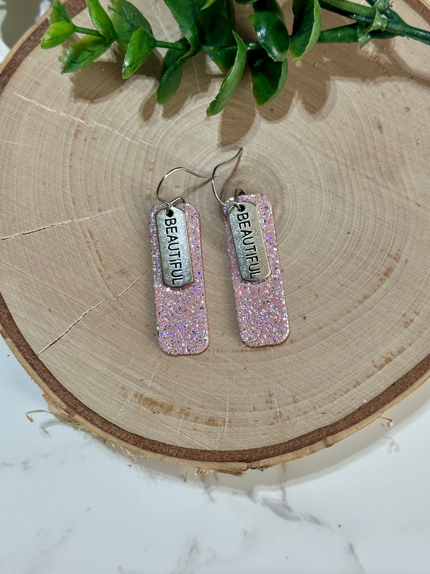 Small Rectangle/Charm Earrings - Pink Sparkle/Beautiful