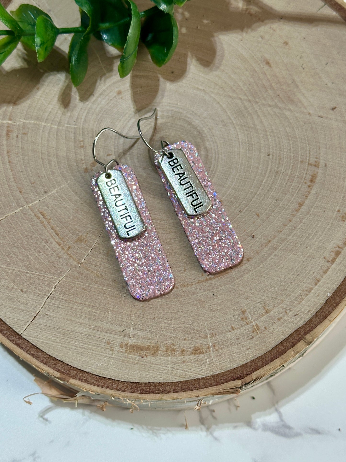 Small Rectangle/Charm Earrings - Pink Sparkle/Beautiful