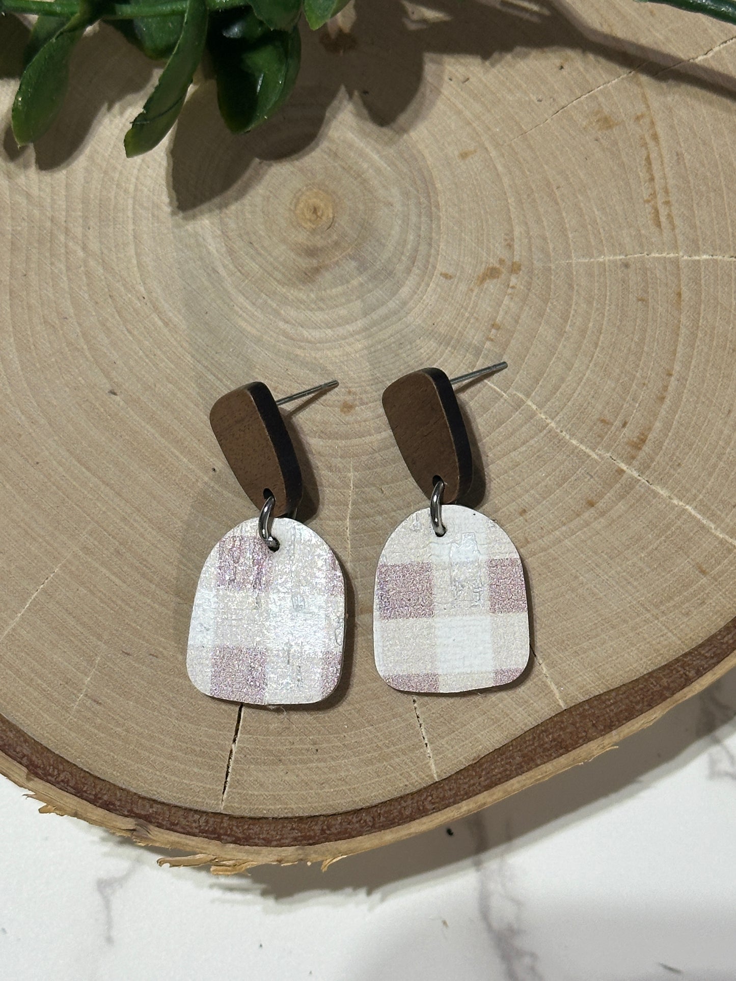 Mini Closed Arch/Connector Earrings - Pink/Mauve Checkered