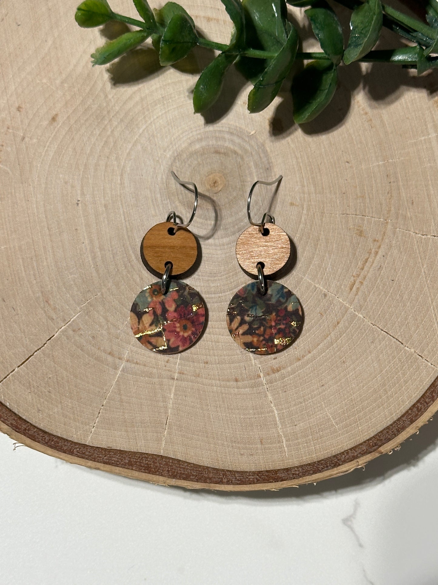 Mini Circles/Connector Earrings - Autumn Flowers/Gold Specks