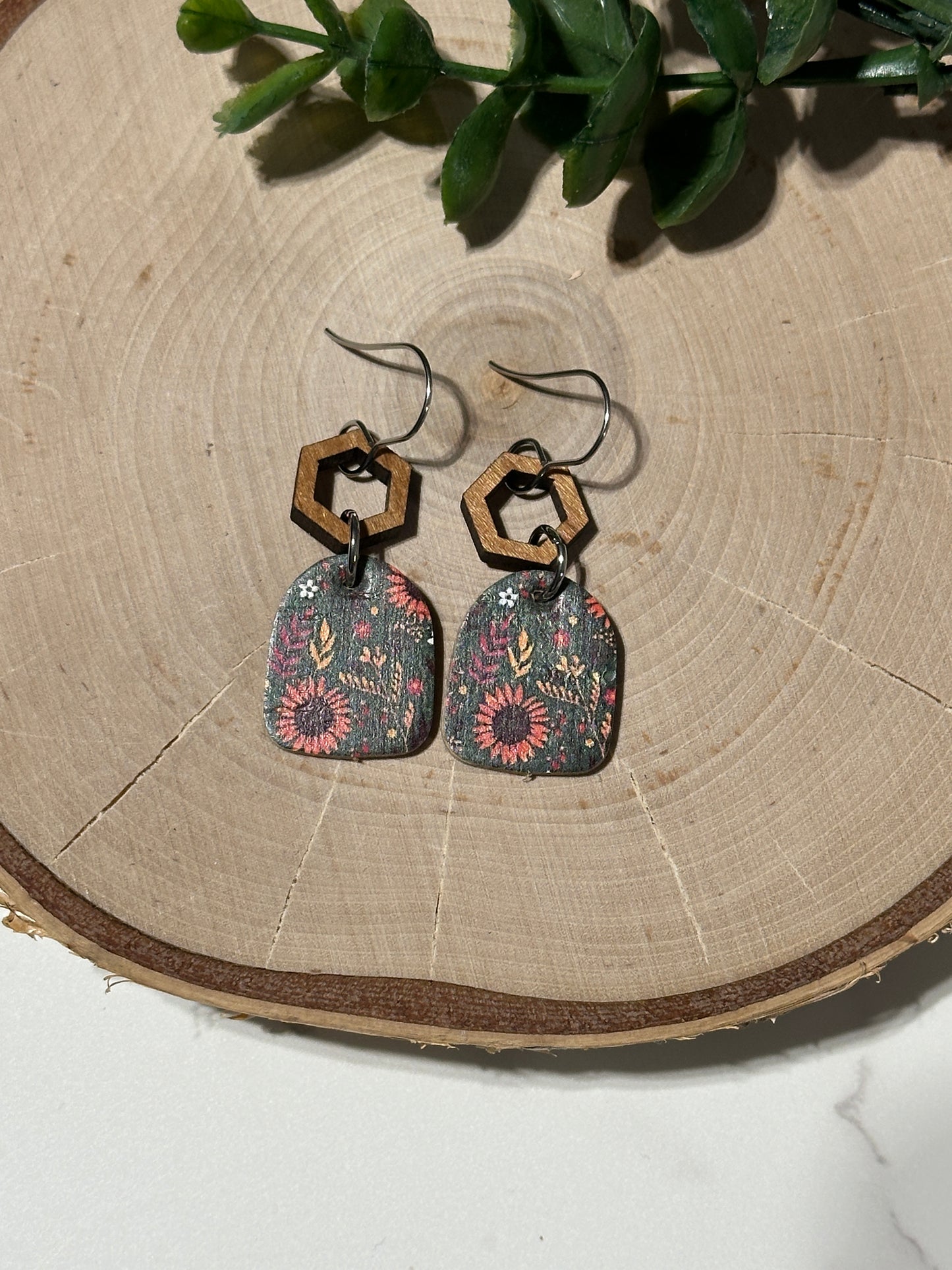 Mini Closed Arch/Connector Earrings - Sunflowers on Green