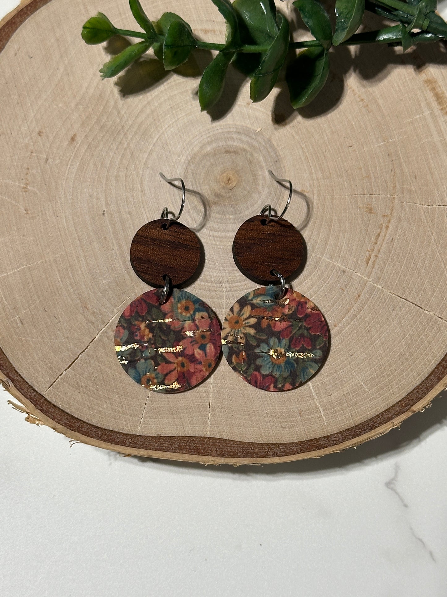 Small Circles/Connector Earrings - Autumn Flowers/Gold Specks