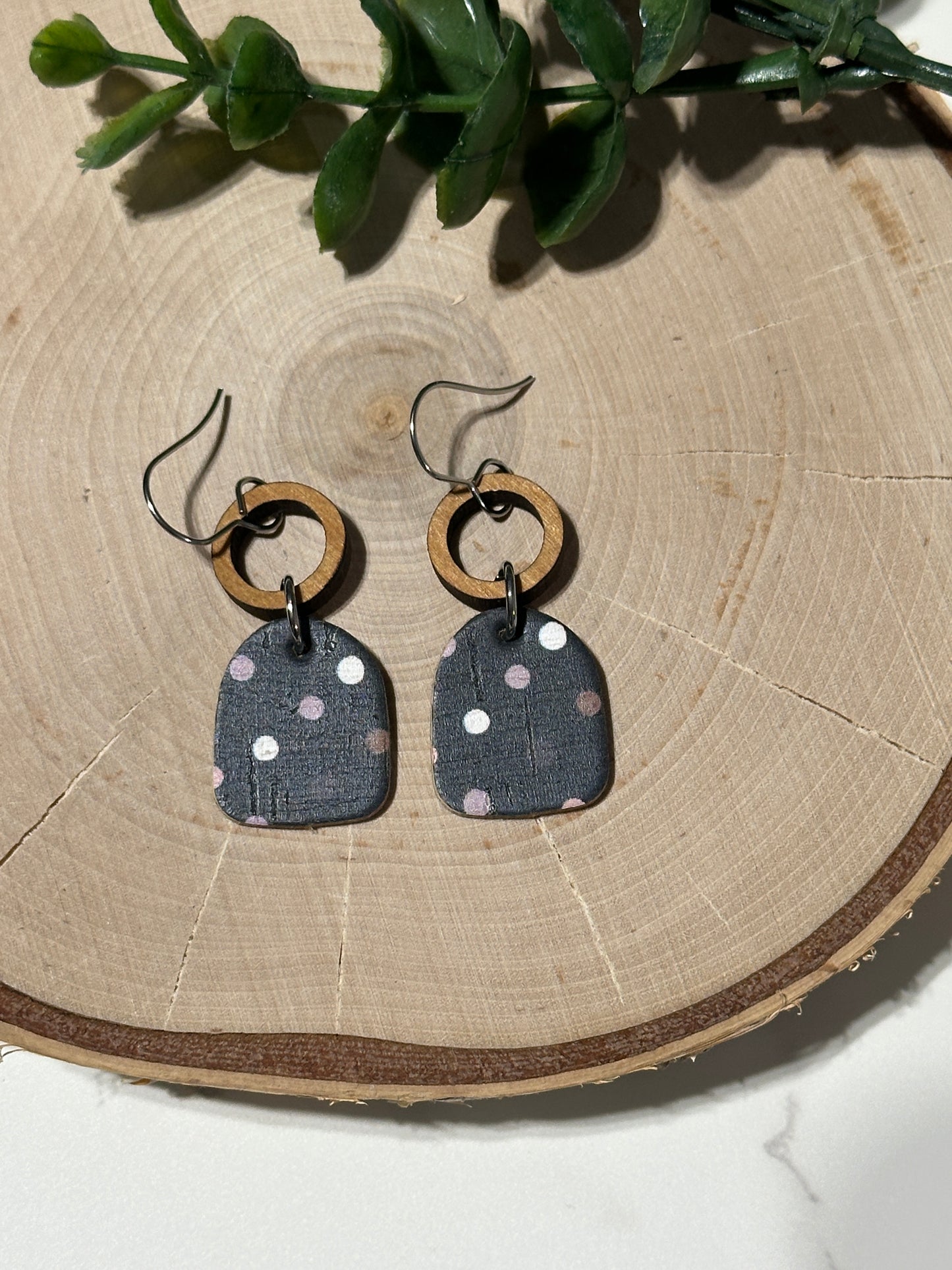 Mini Closed Arch/Connector Earrings - Neutral/Purple Dots on Black