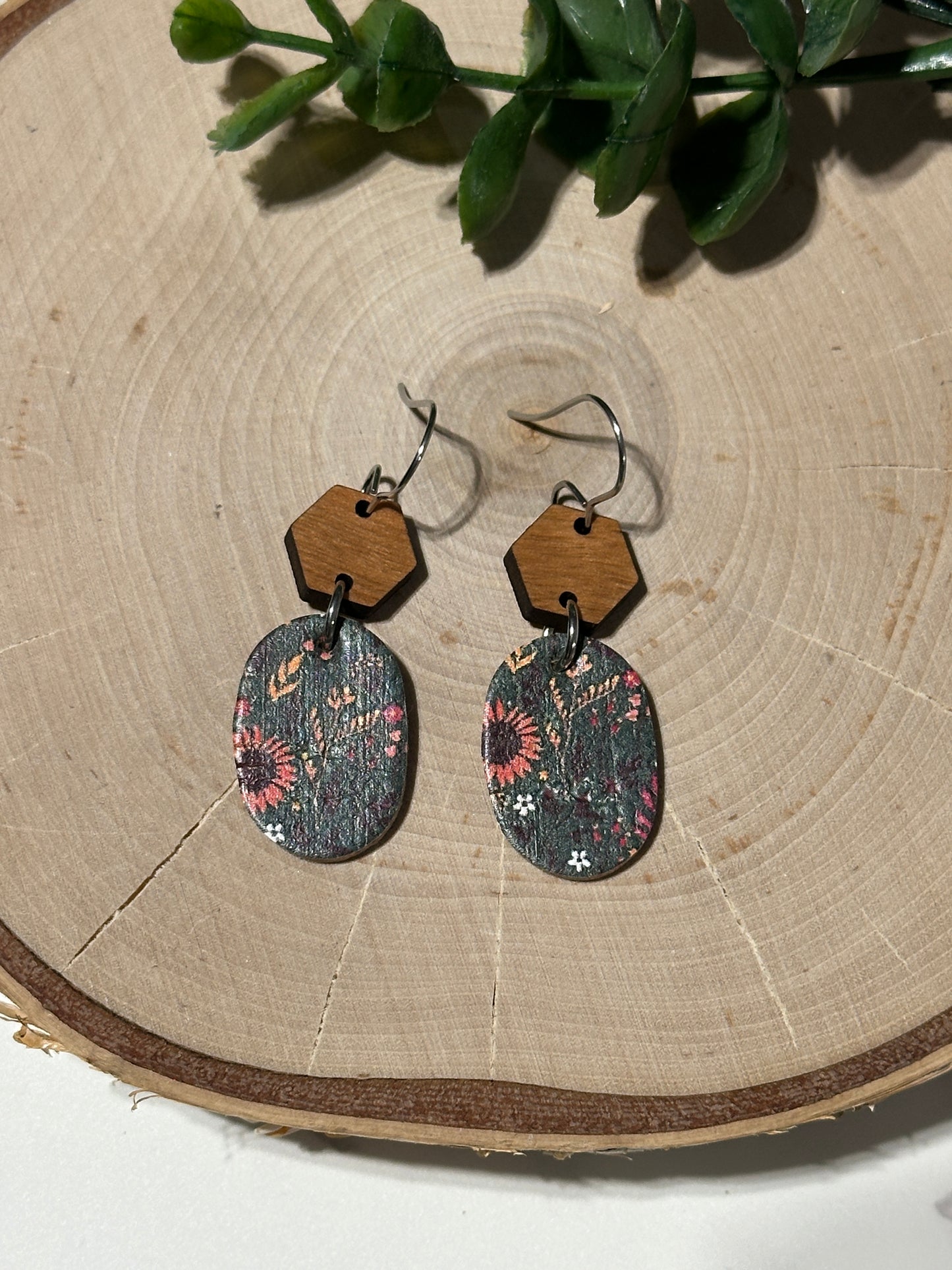 Mini Oval/Connector Earrings - Sunflowers on Green