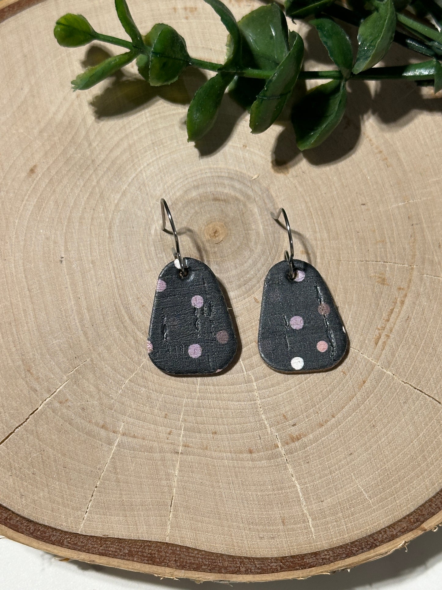 Mini Rounded Triangle Earrings - Neutral/Purple Dots on Black