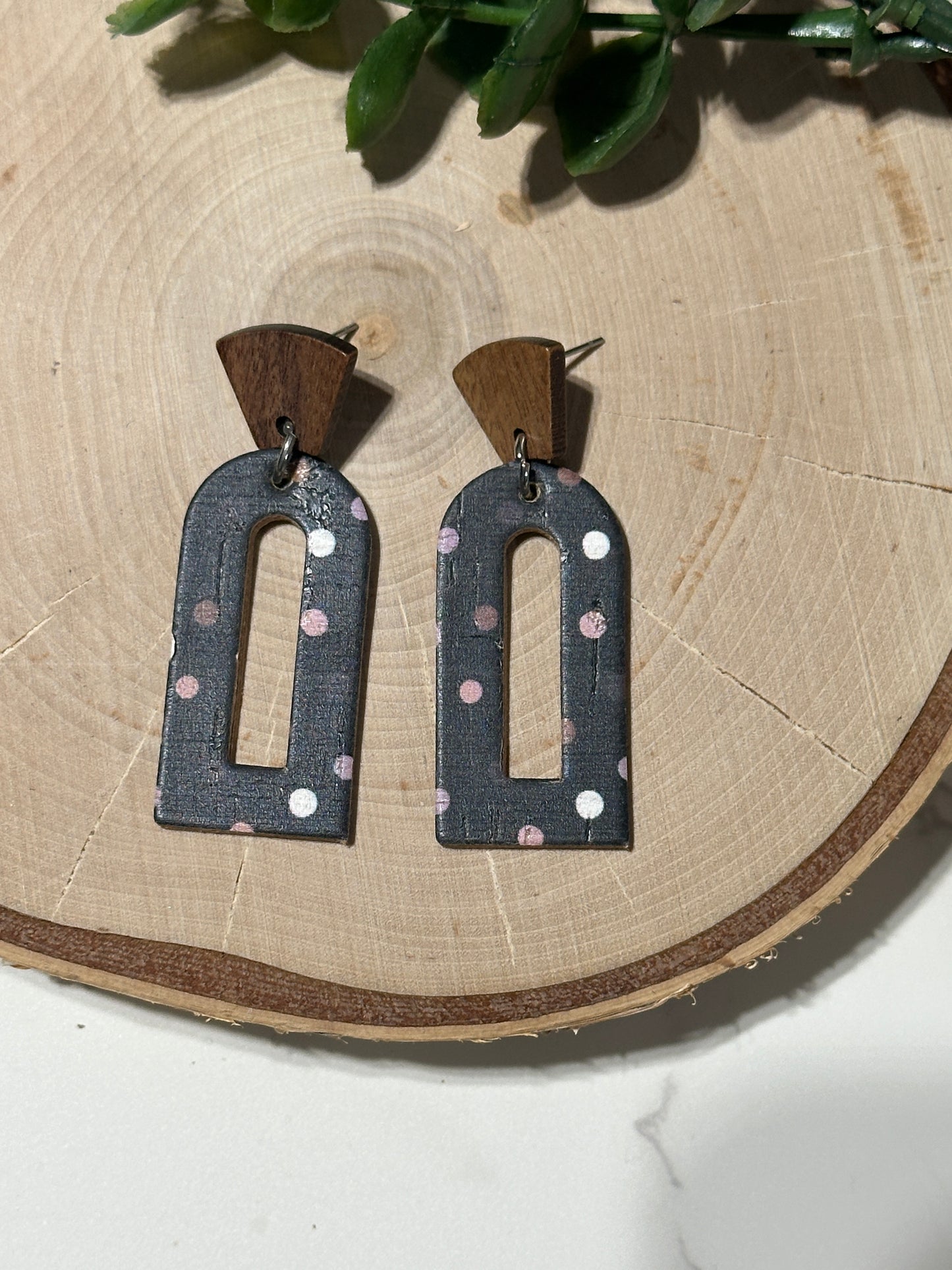 Modern Open Arch/Connector Earrings - Neutral/Purple Dots on Black