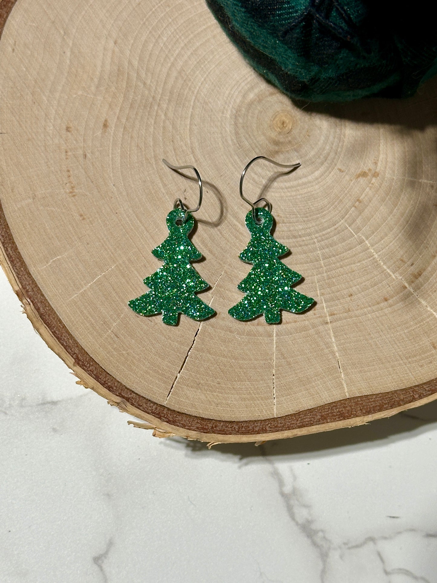 Mini Tree Earrings - Fine Green Glitter