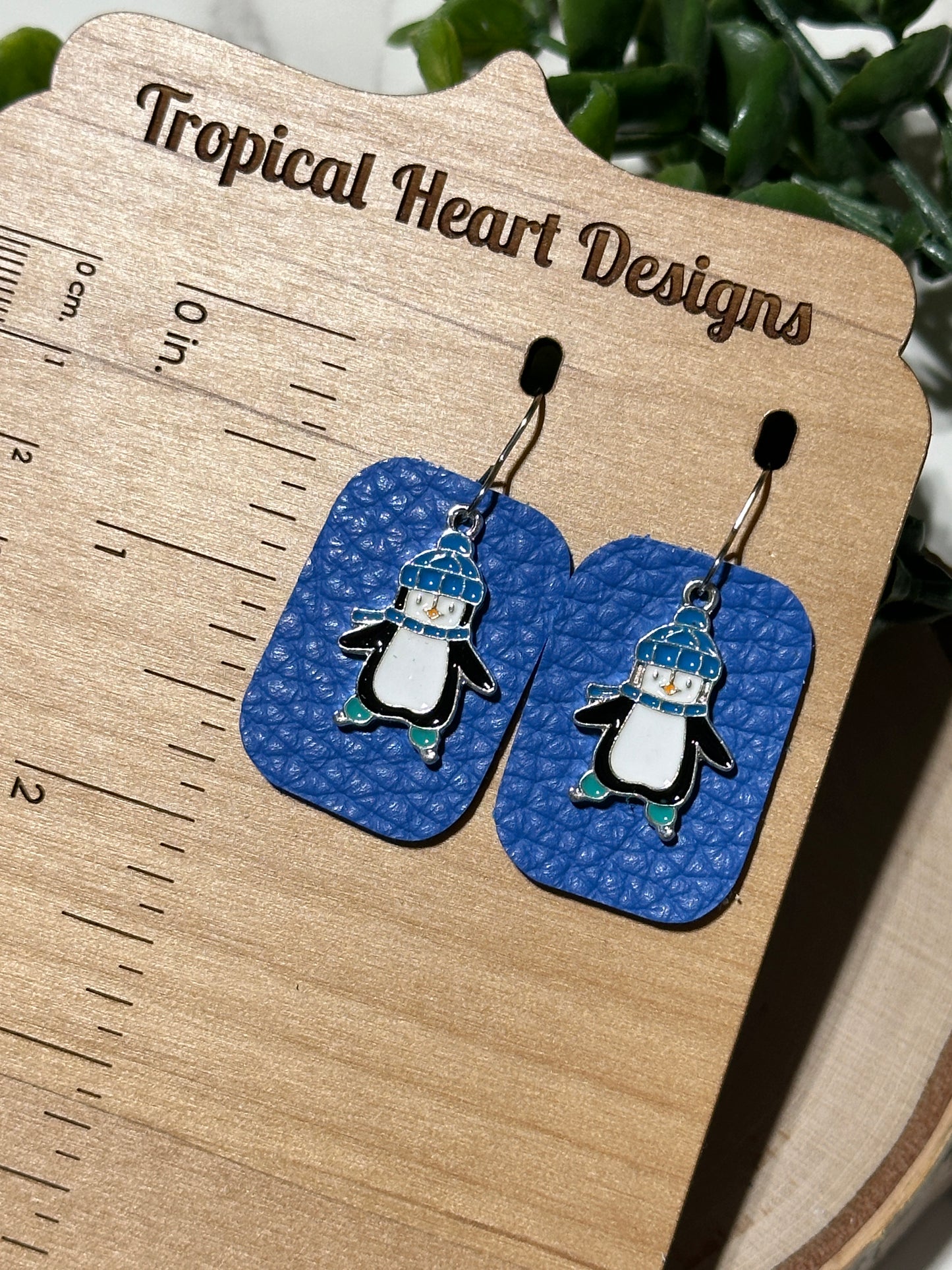 Penguin/Blue Rectangle Earrings