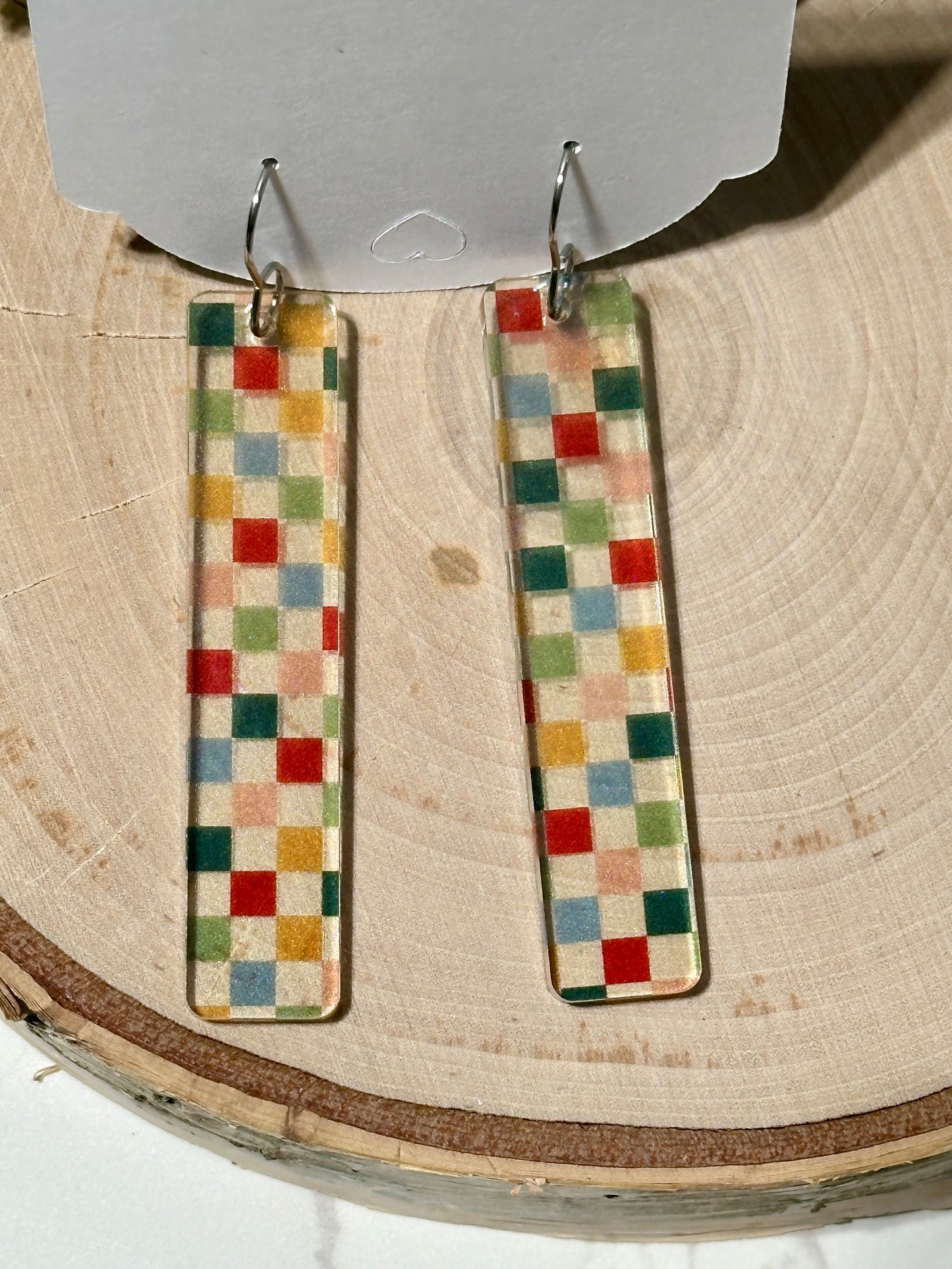 Tall Acrylic Bar Earrings - Neutral Checkerboard