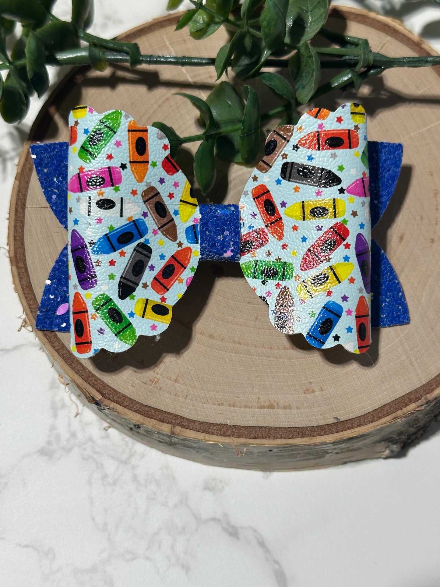 Crayon on Blue Glitter Hairbow