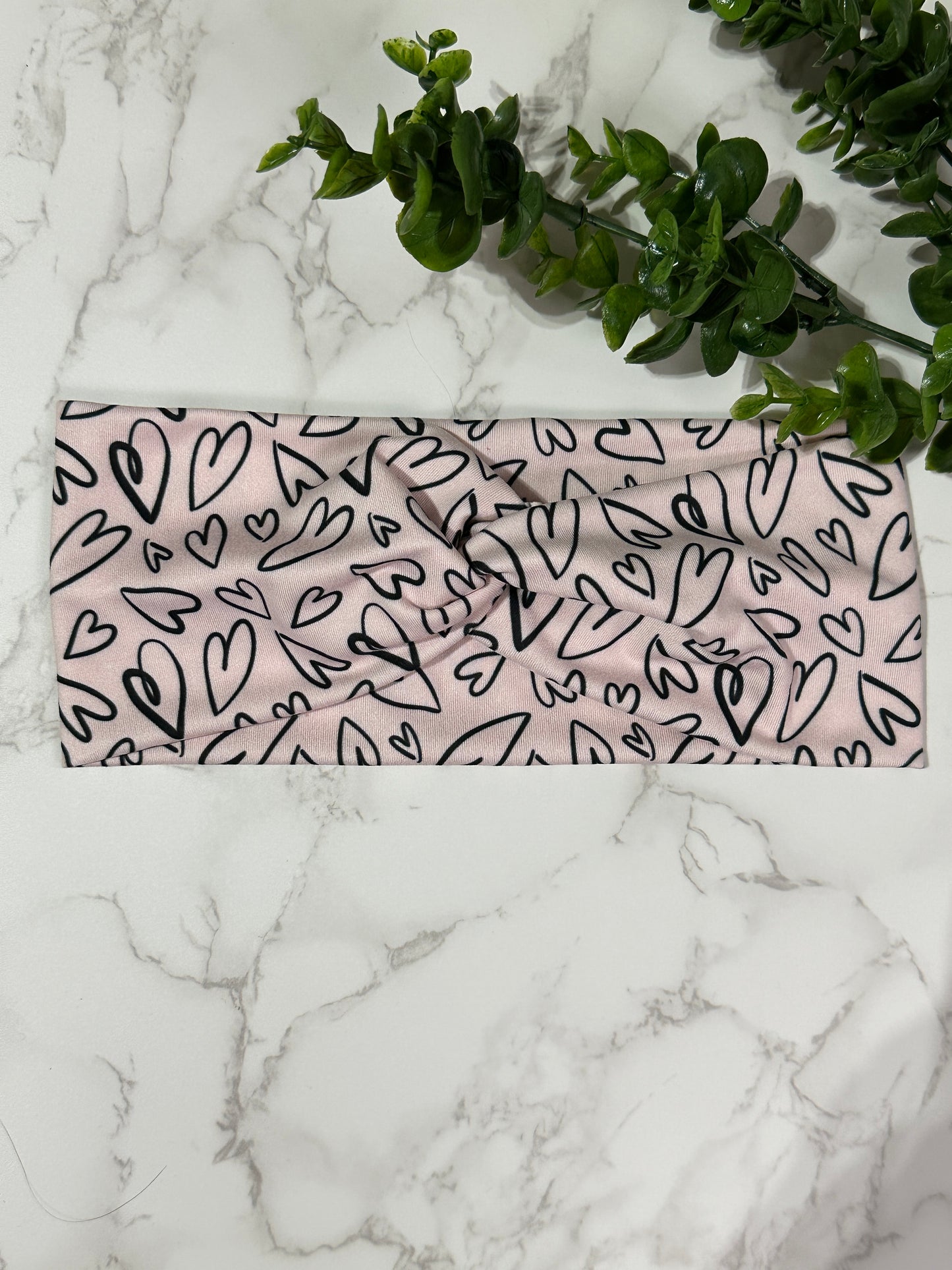 Sketched Hearts Pink Twist Headbands