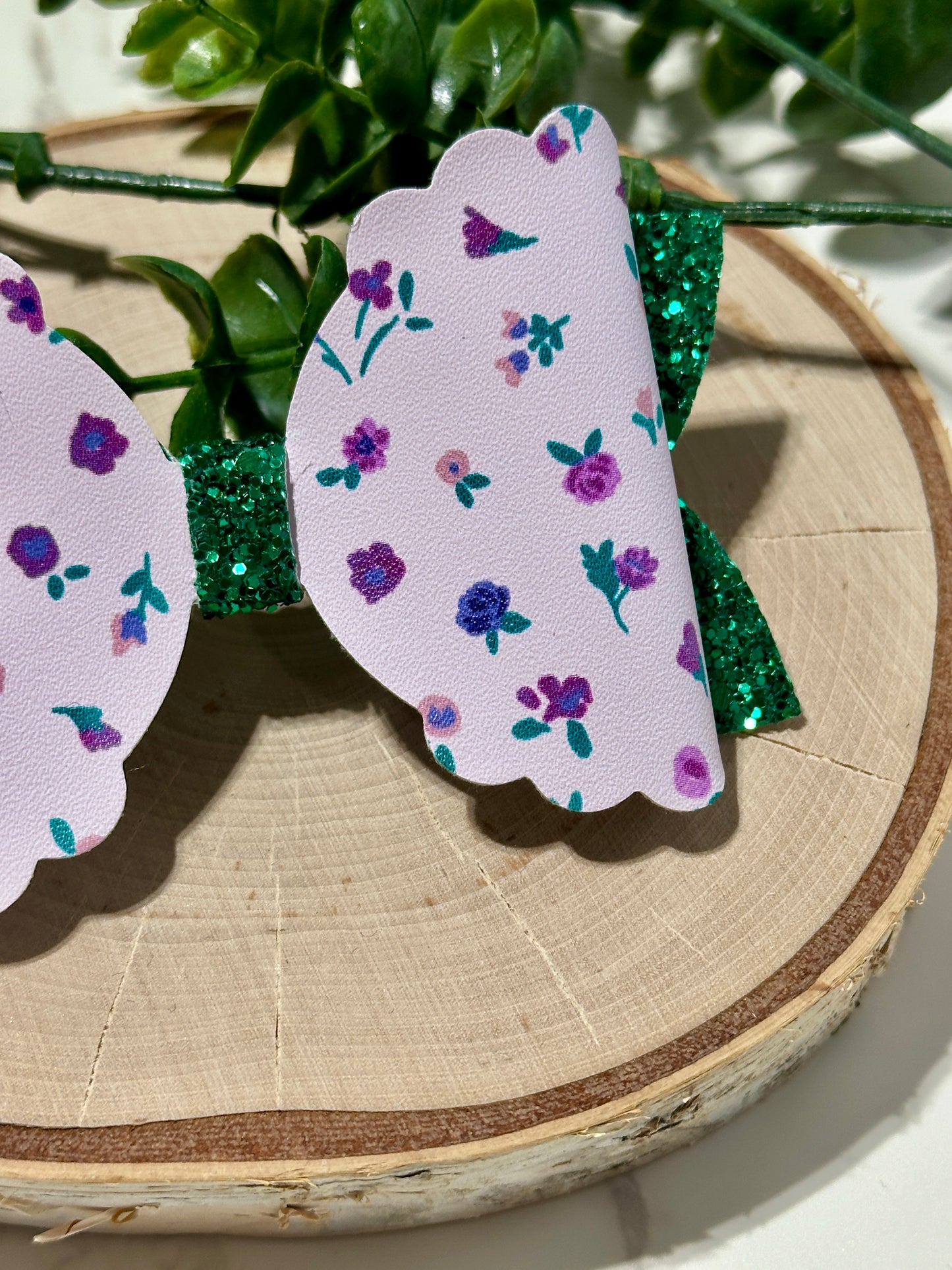 Purple Flowers on Dark Green Glitter Hairbow