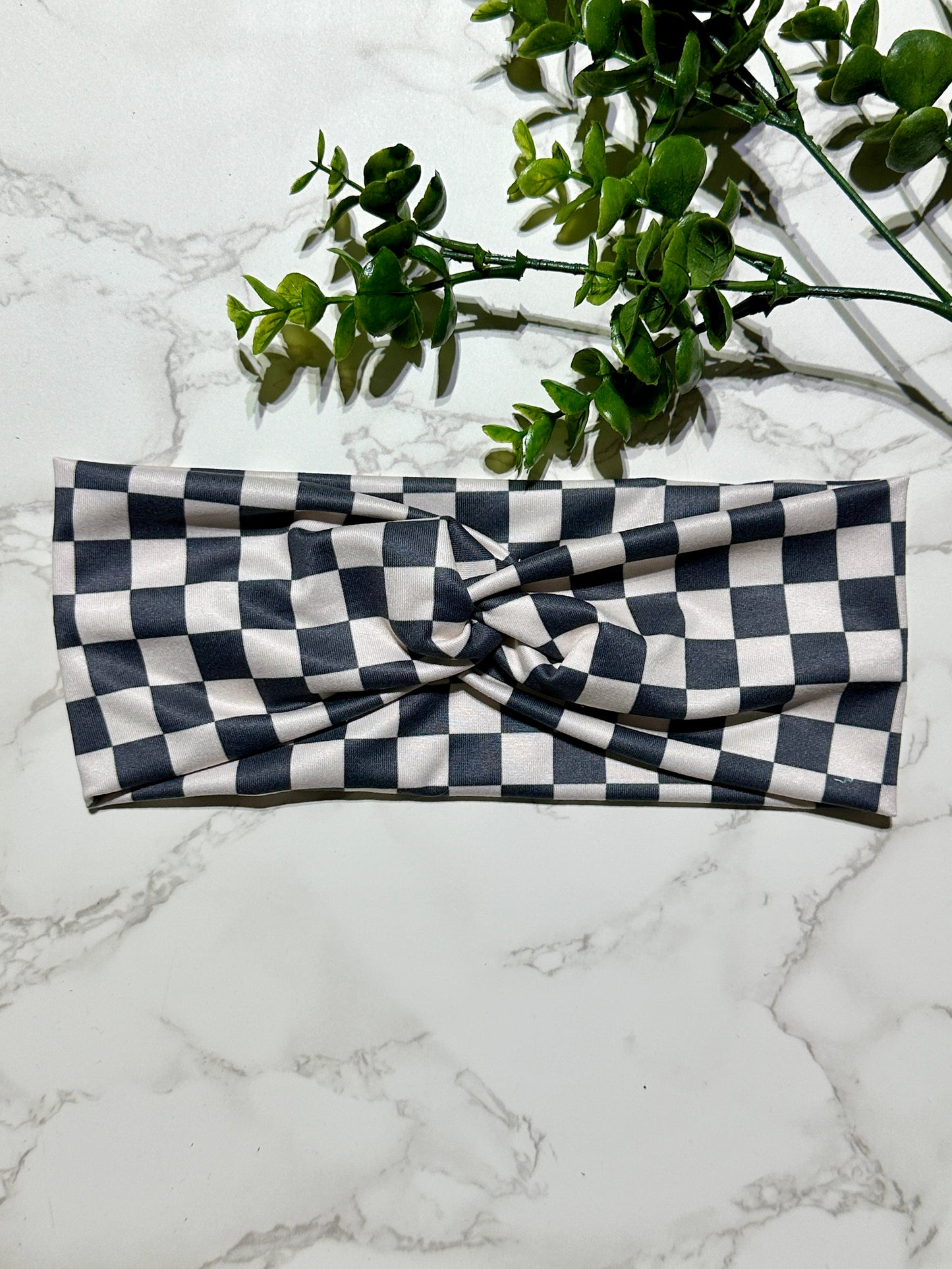 Grey/Off White Checkered Twist Headband