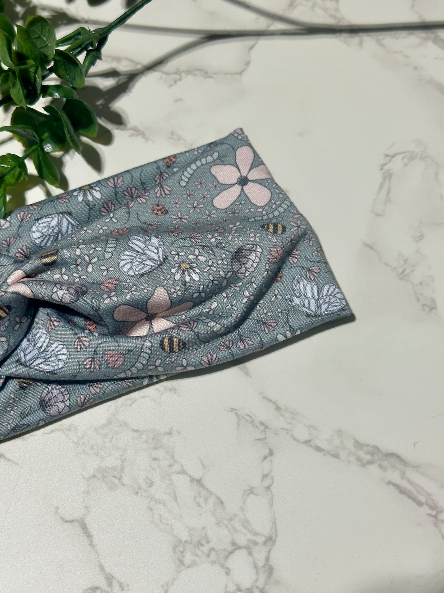 Bees and Flowers on Sage Twist Headband