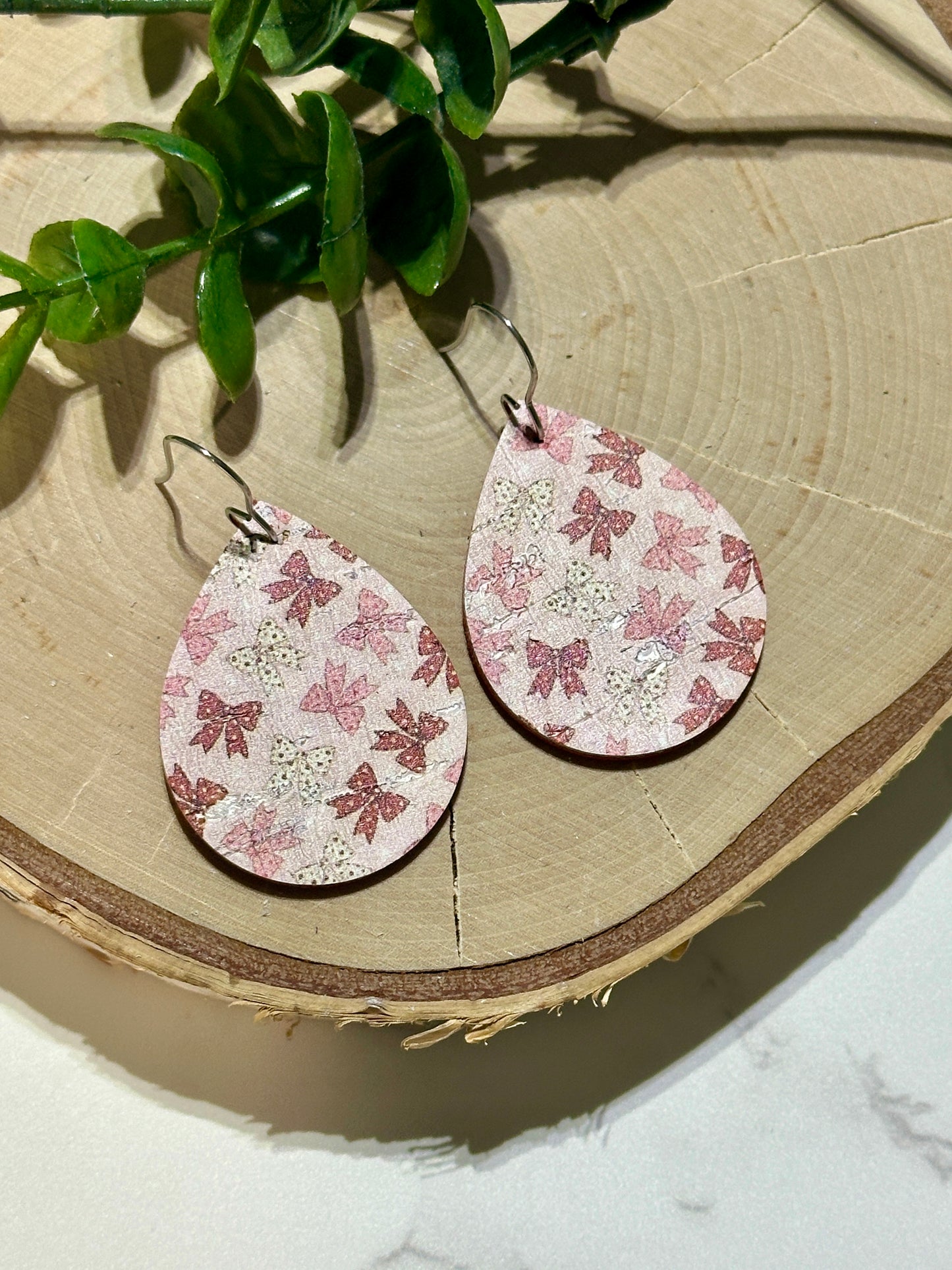 Small Teardrop Earrings - Pink Coquette Bows on Pink