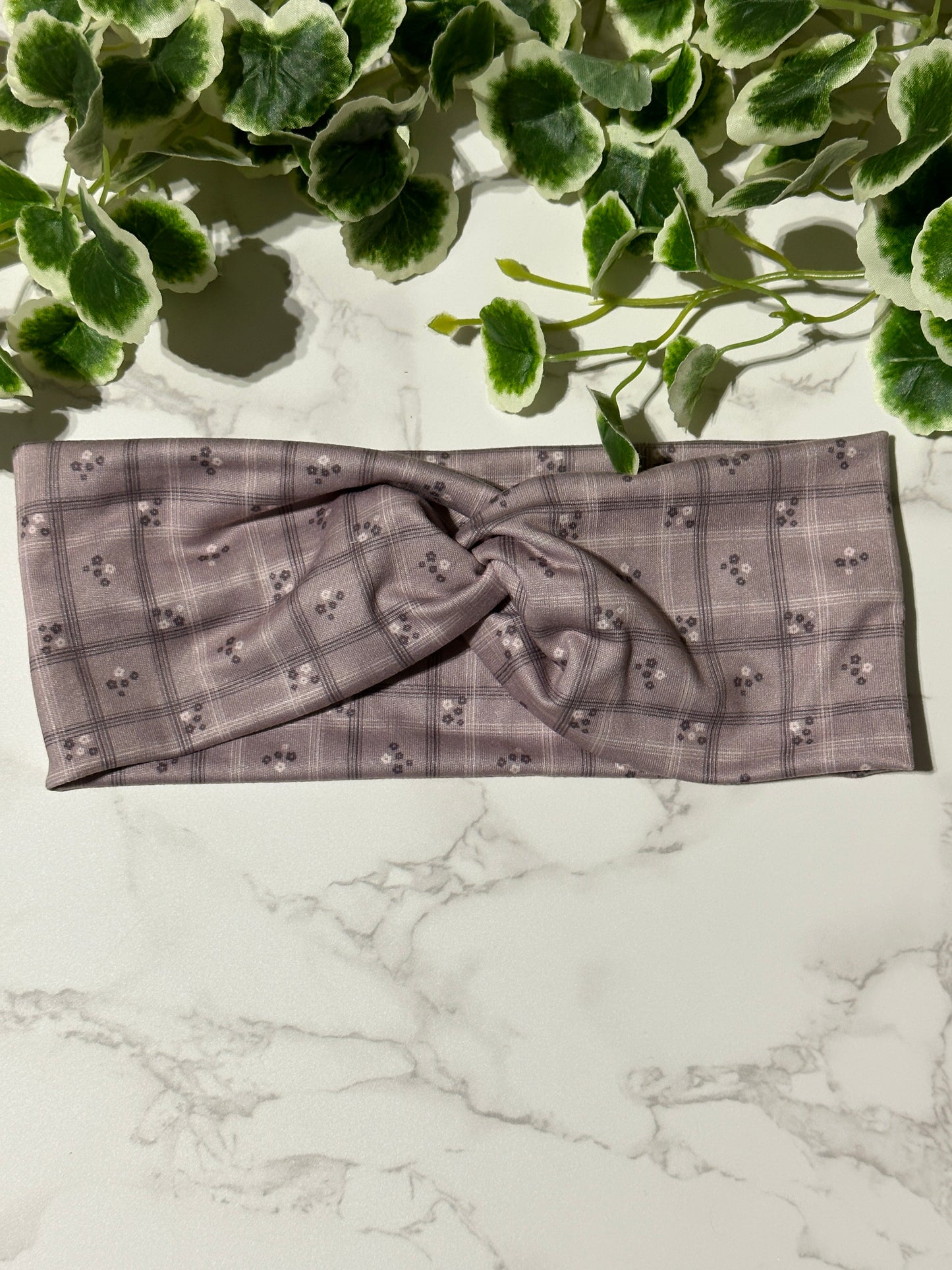 Purple plaid/delicate flower twist headband
