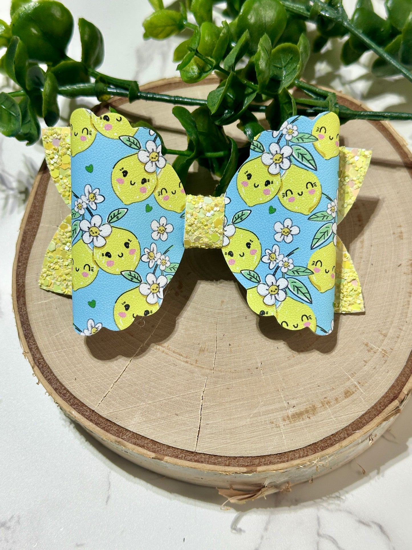 Smiling Lemons on Blue Hairbow