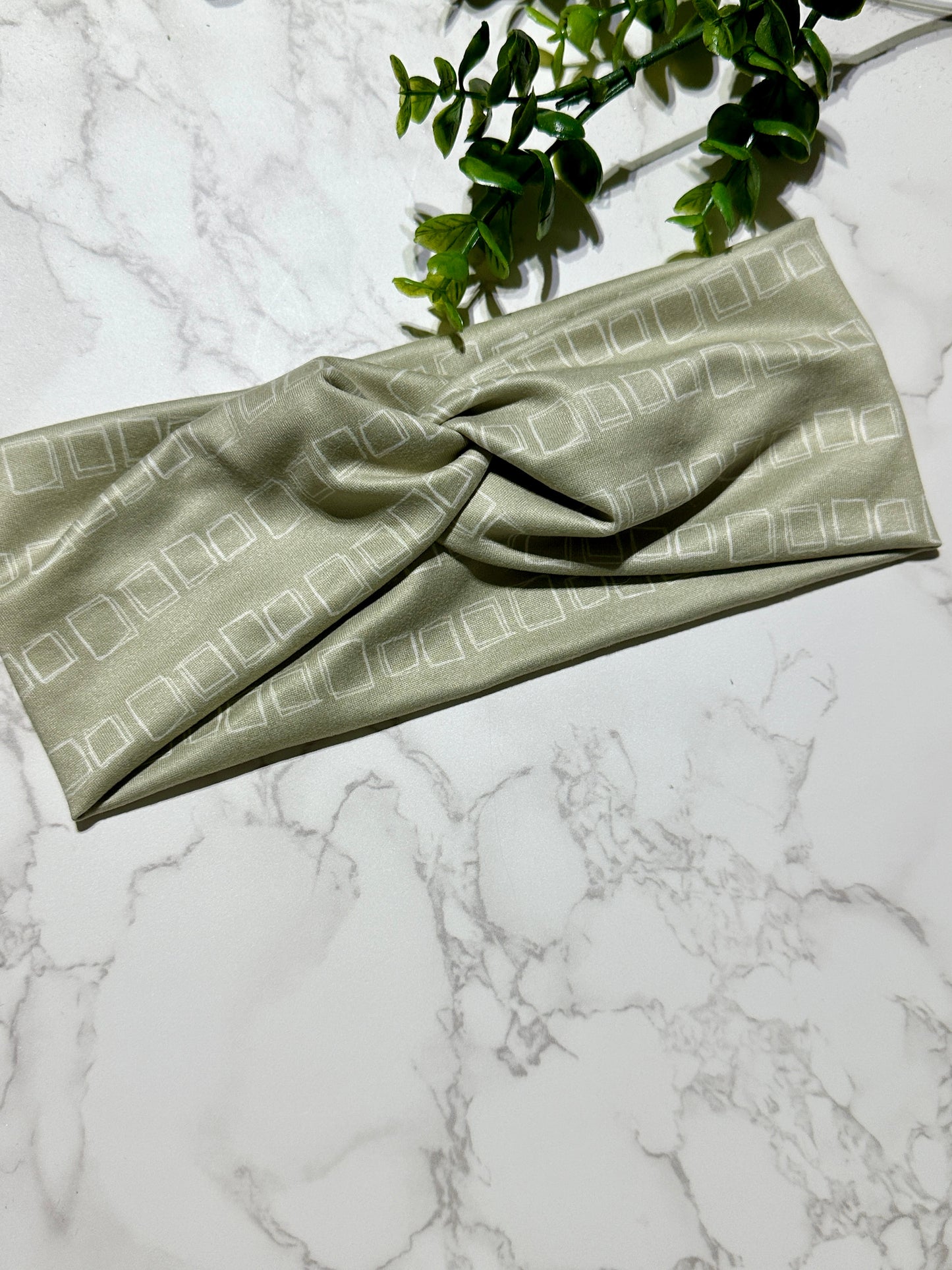 Sage Green Geometric Squares Twist Headband