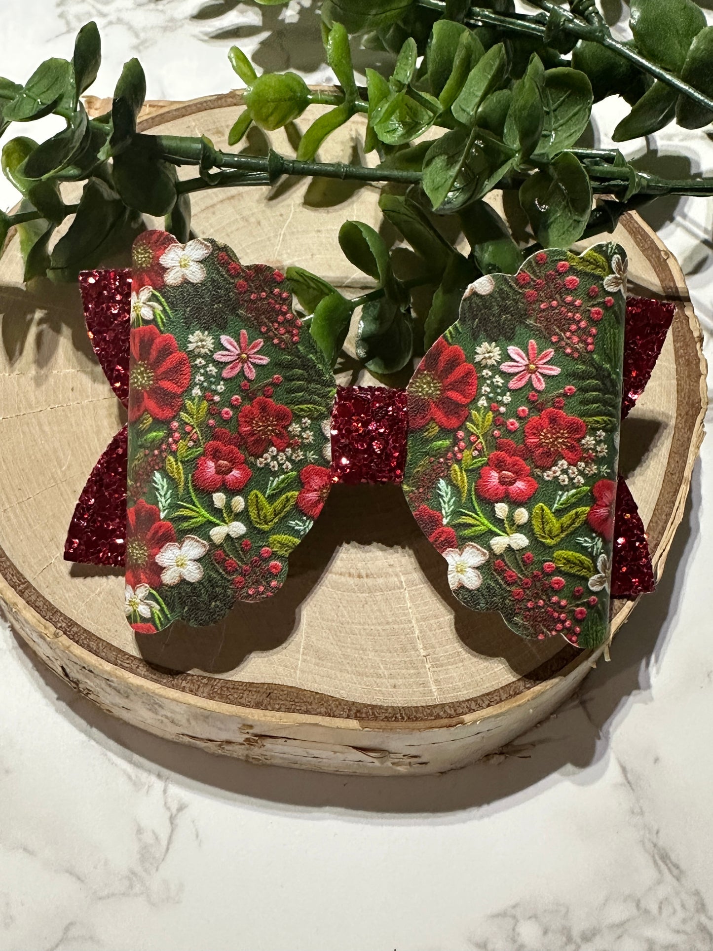 Embossed Like Christmas Flower on Green Hairbow