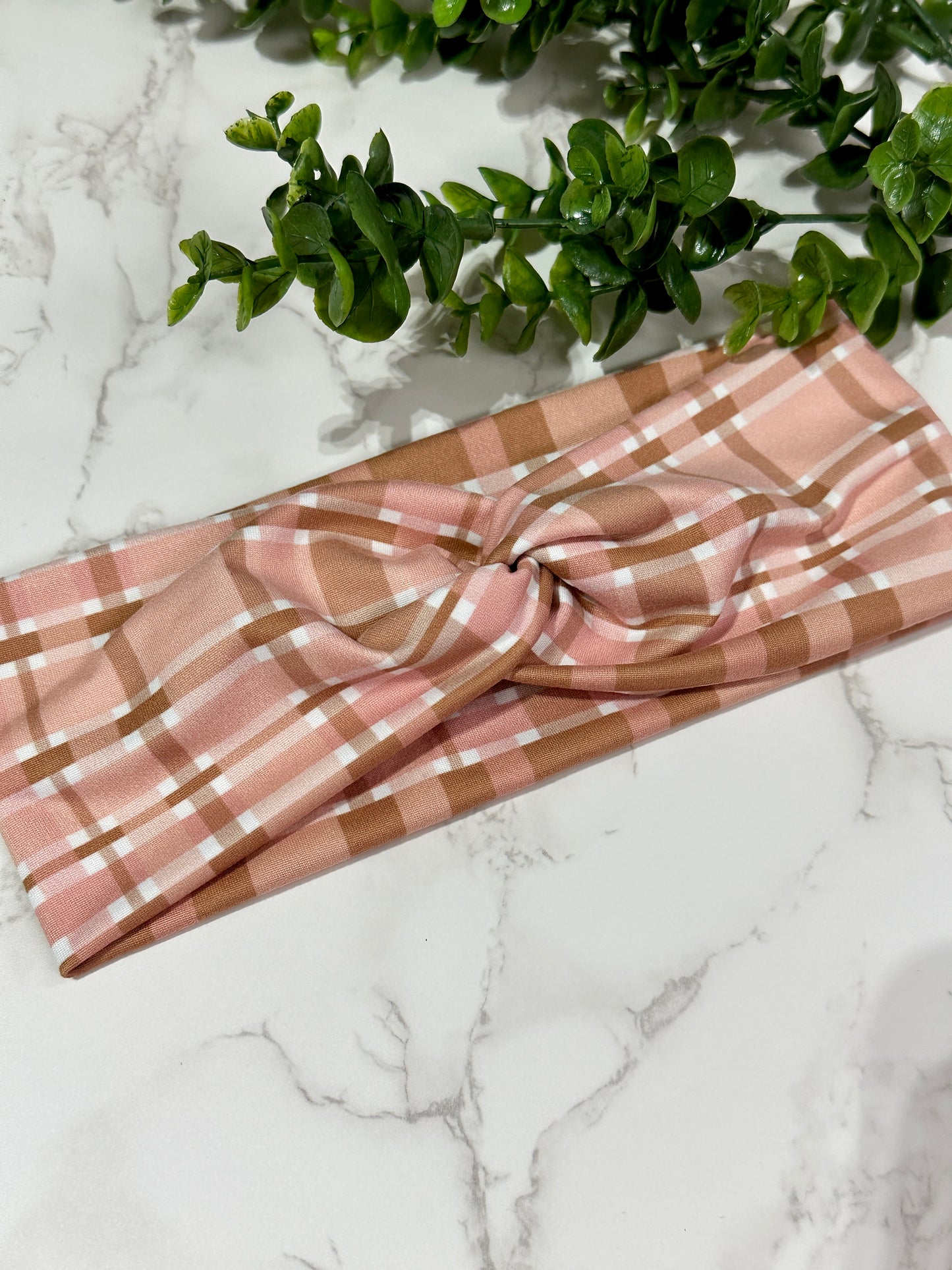 Boho Pink/Brown Plaid twist headband