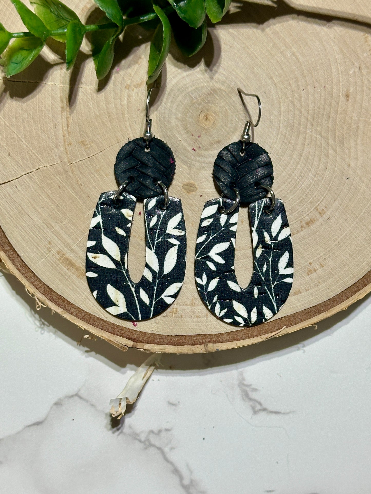 “U” Earrings - White Leaves on Black