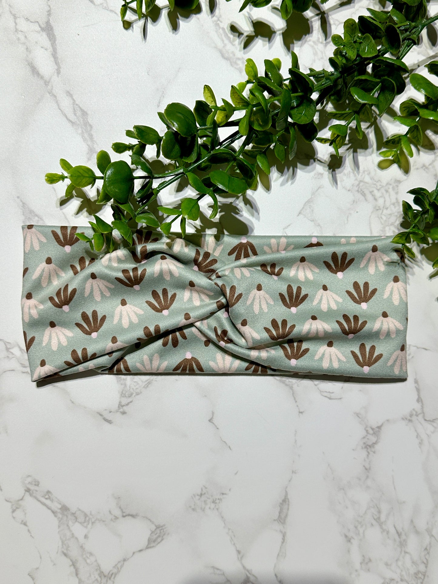 Green Abstract Flowers Twist Headband