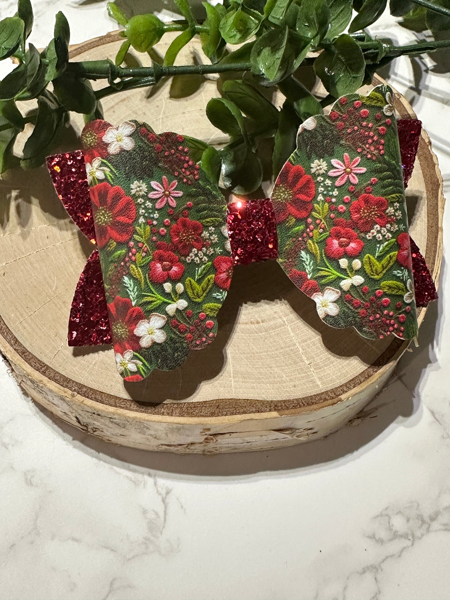 Embossed Like Christmas Flower on Green Hairbow