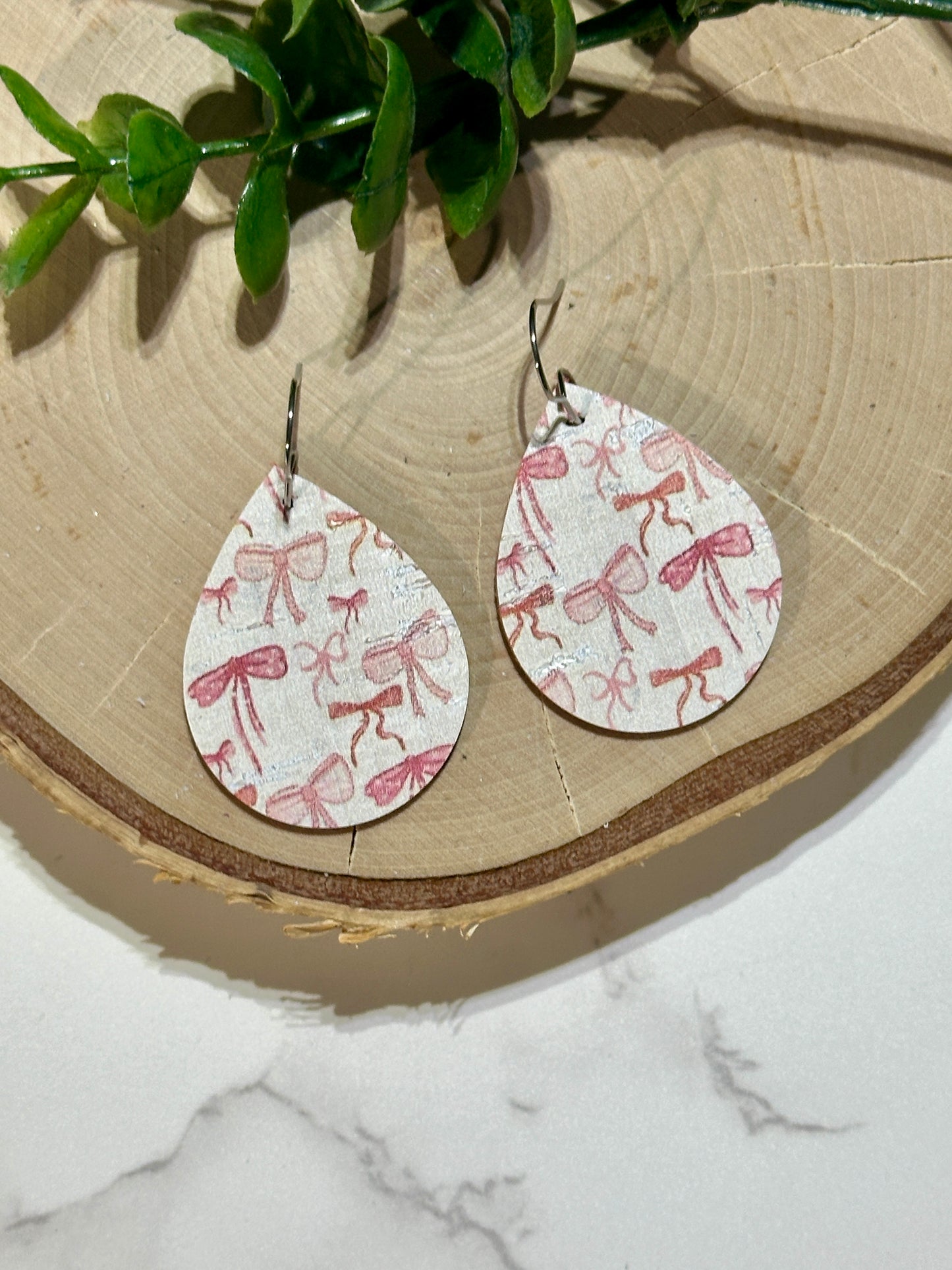 Small Teardrop Earrings - Pink Coquette Bows on White