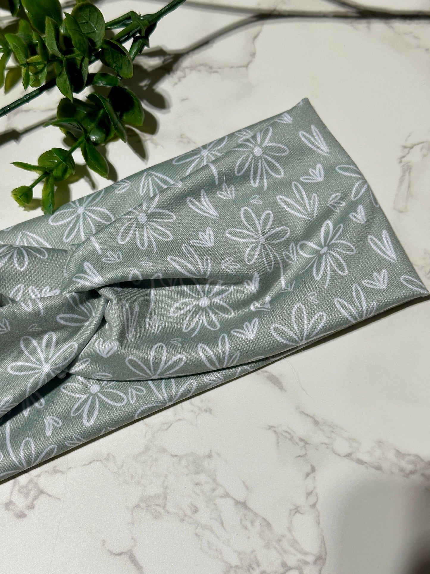 White Doodle Flowers on Sage Twist Headband