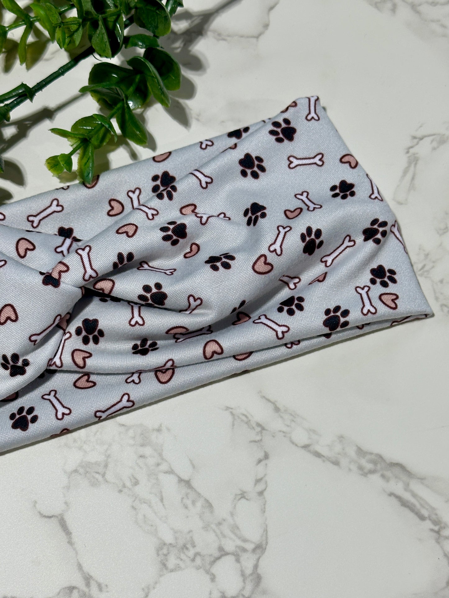 Paw Prints and Bones on Light Blue Gray Twist Headband