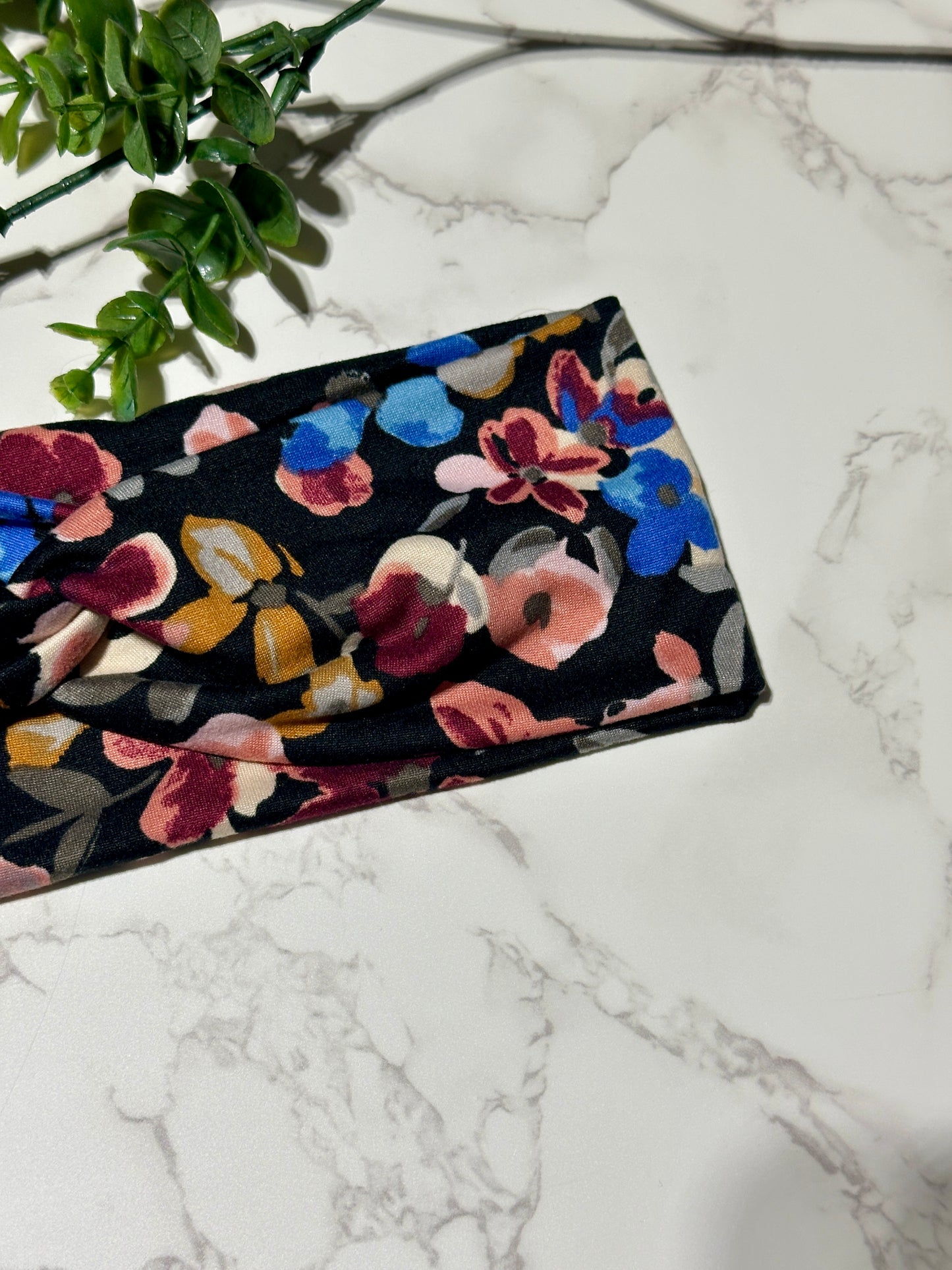 Dark Flowers on Black Twist Headband