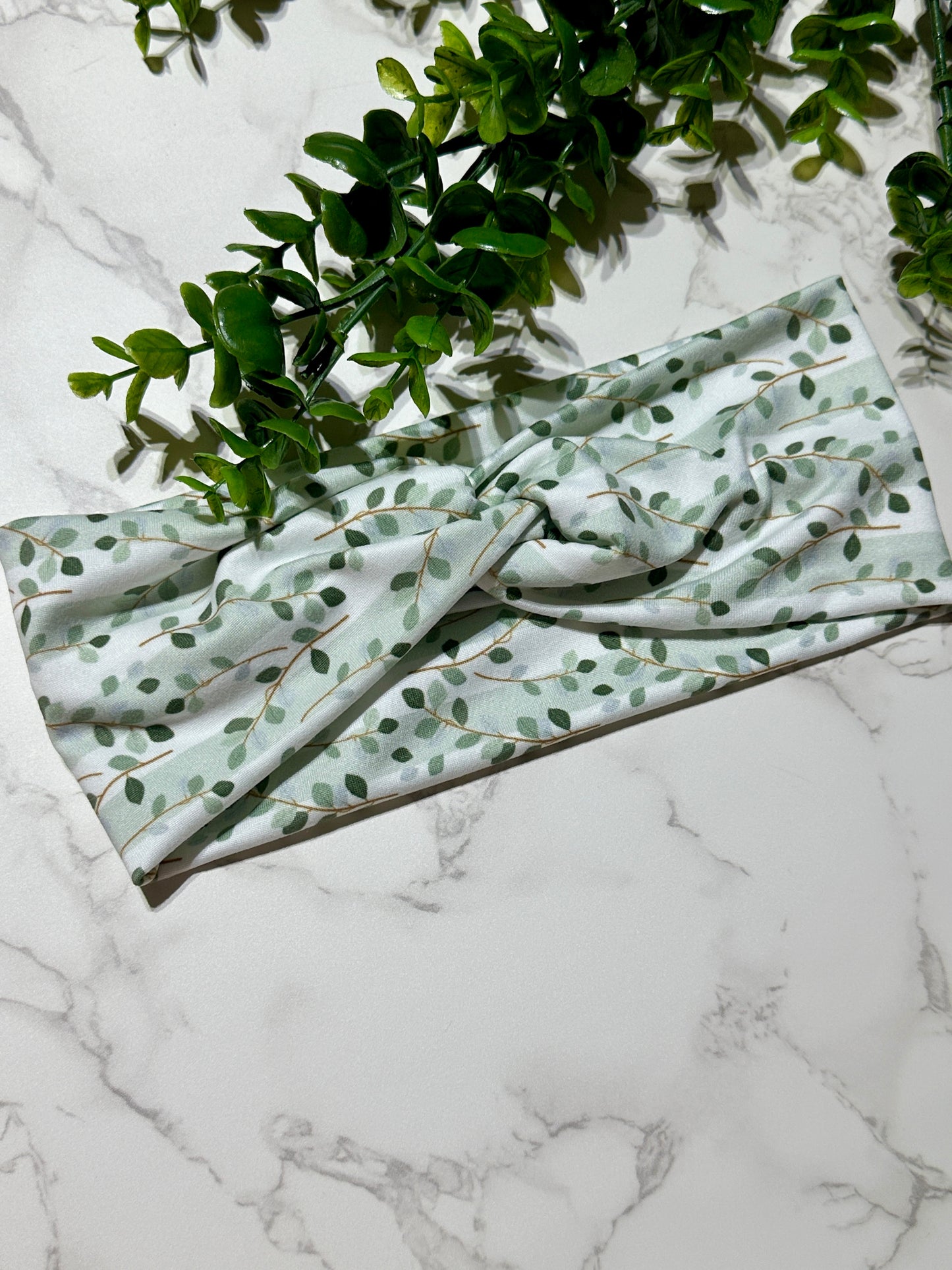 Sage Leaves/Stripes Twist Headband