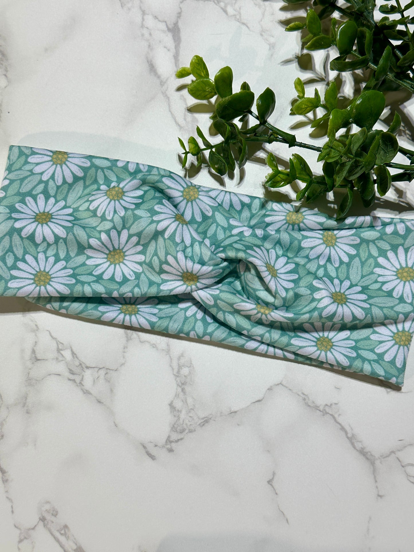Daisies on Dark Mint Twist Headband