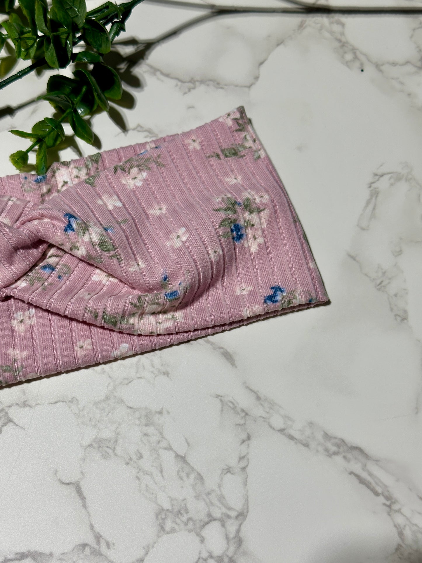 Delicate Flowers on Dusty Pink Ribbed Twist Headband