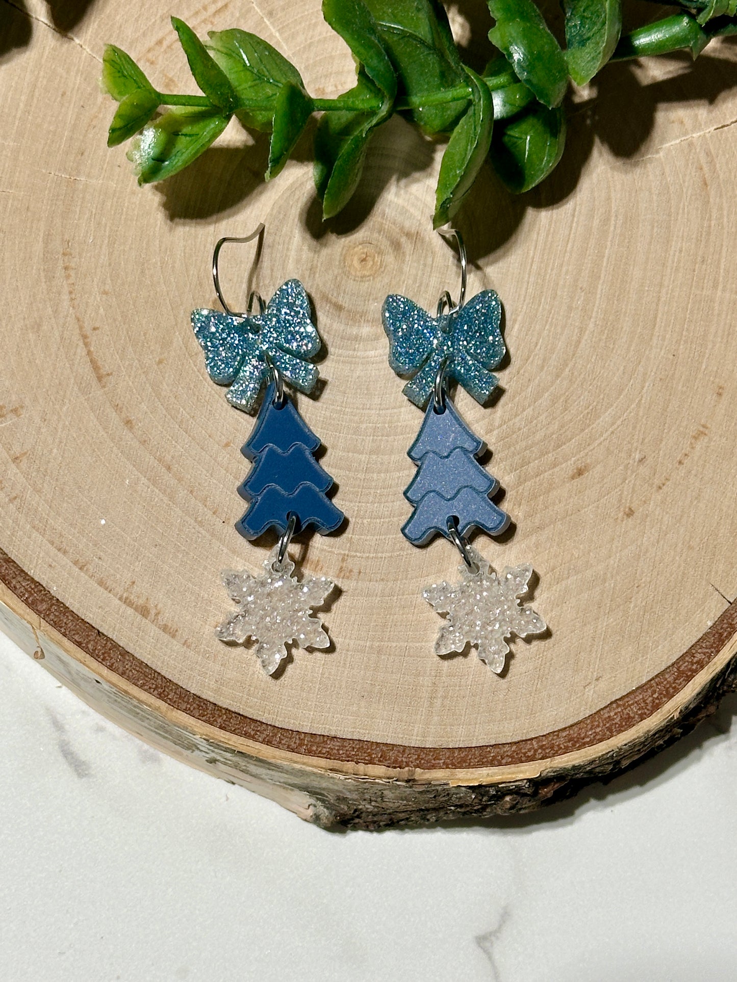 Triple Layer Blue Bow/Tree Earrings