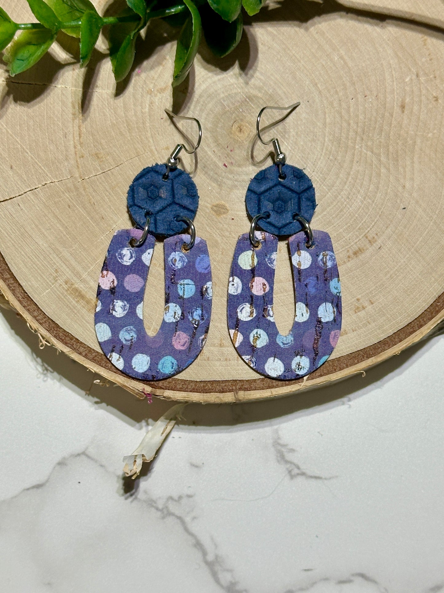 “U” Earrings - Blue Purple Dots