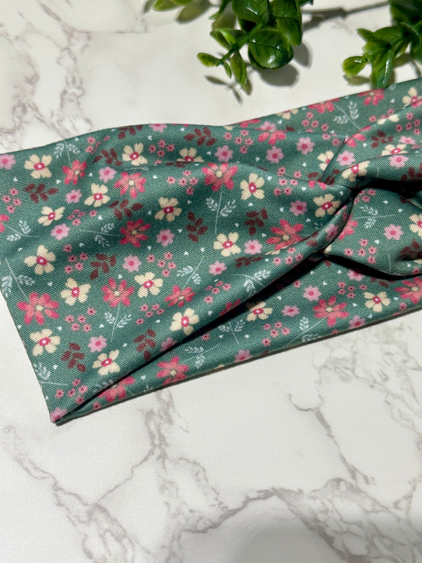 Flowers on Meadow Green Twist Headband