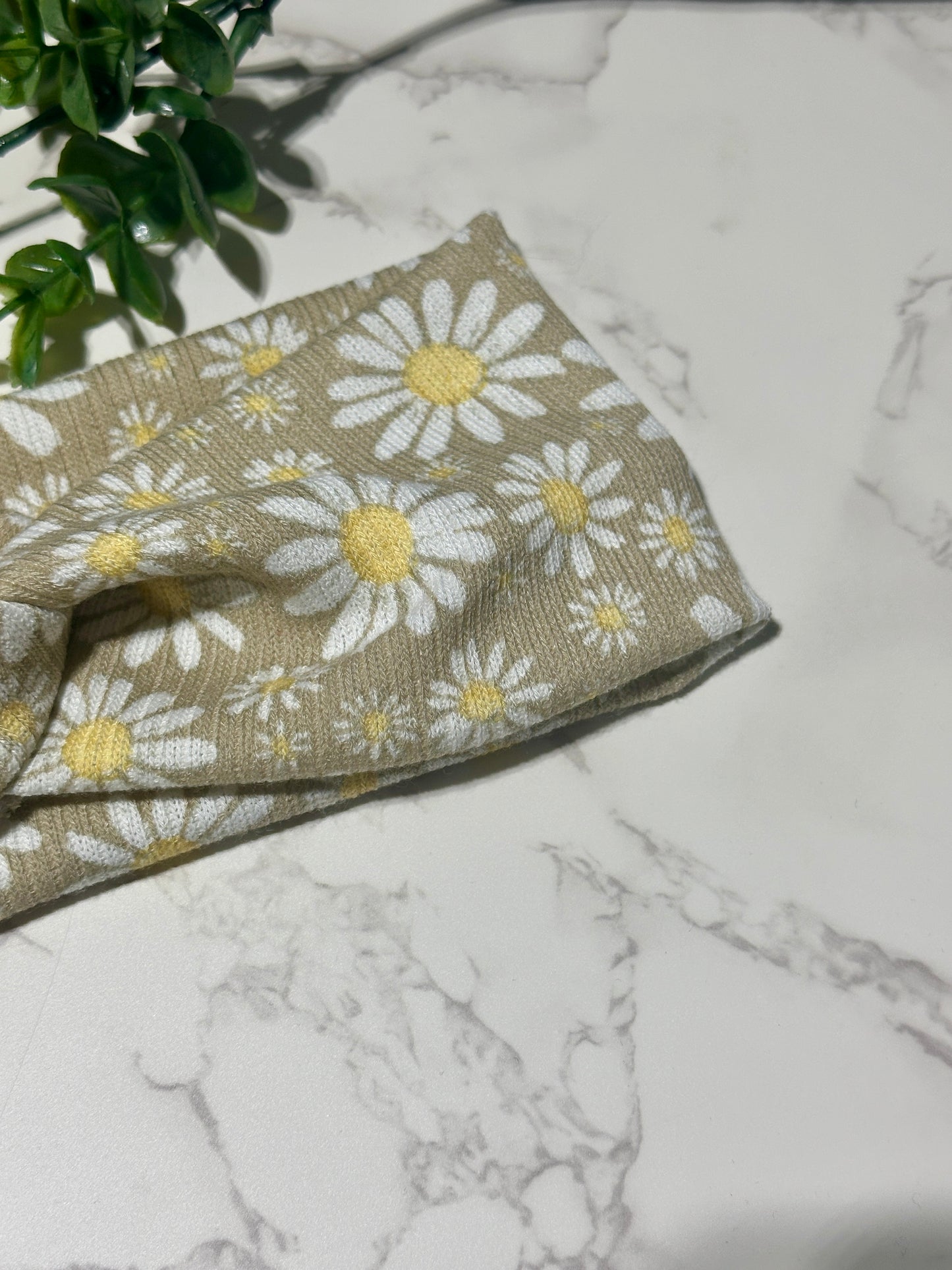 White Daisy on Tan Twist Headband