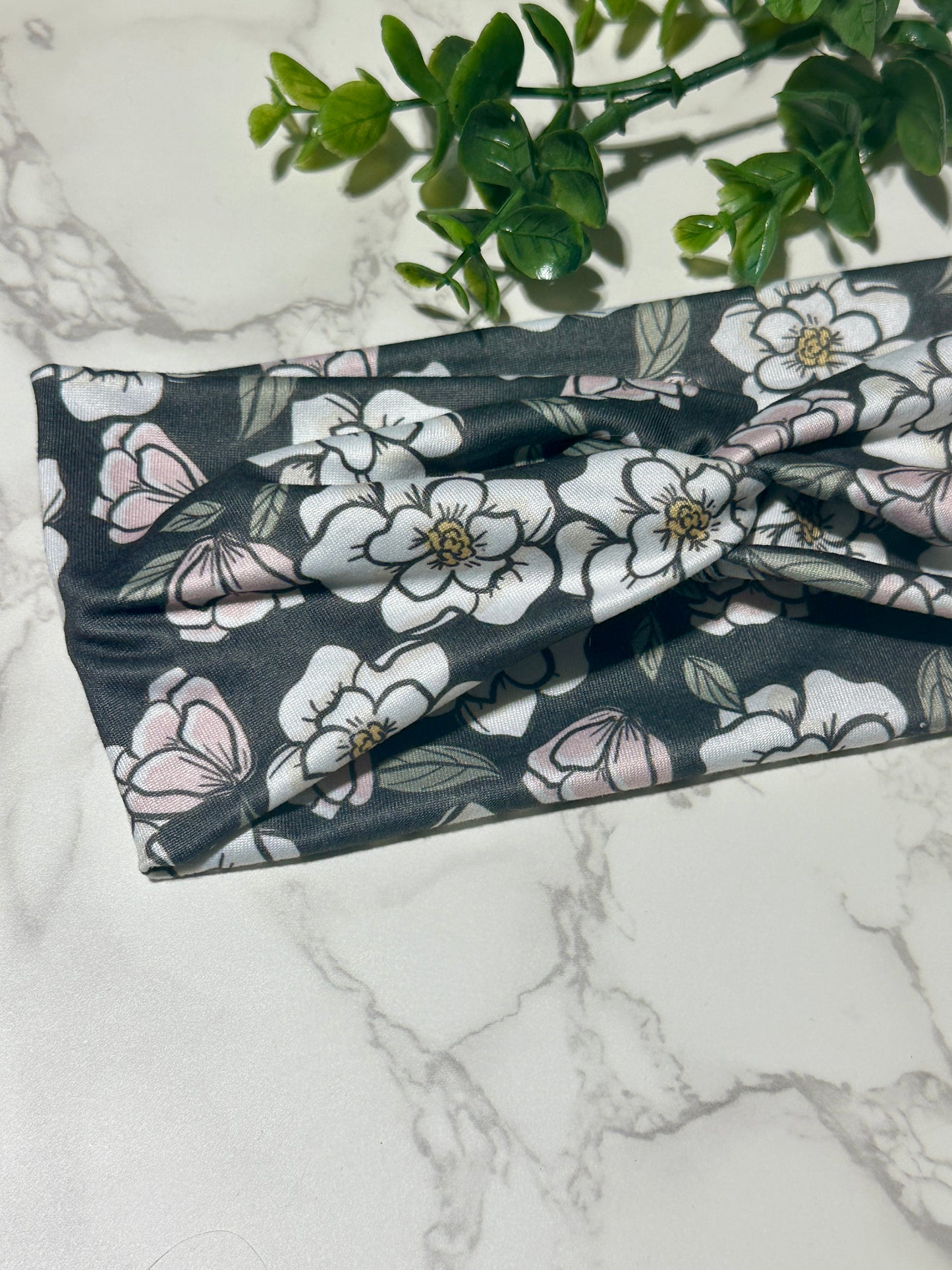 White/Pink Flowers on Dark Background Twist Headband