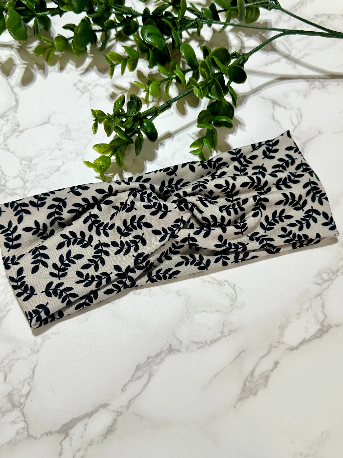 Black Leaves on Taupe Twist Headband