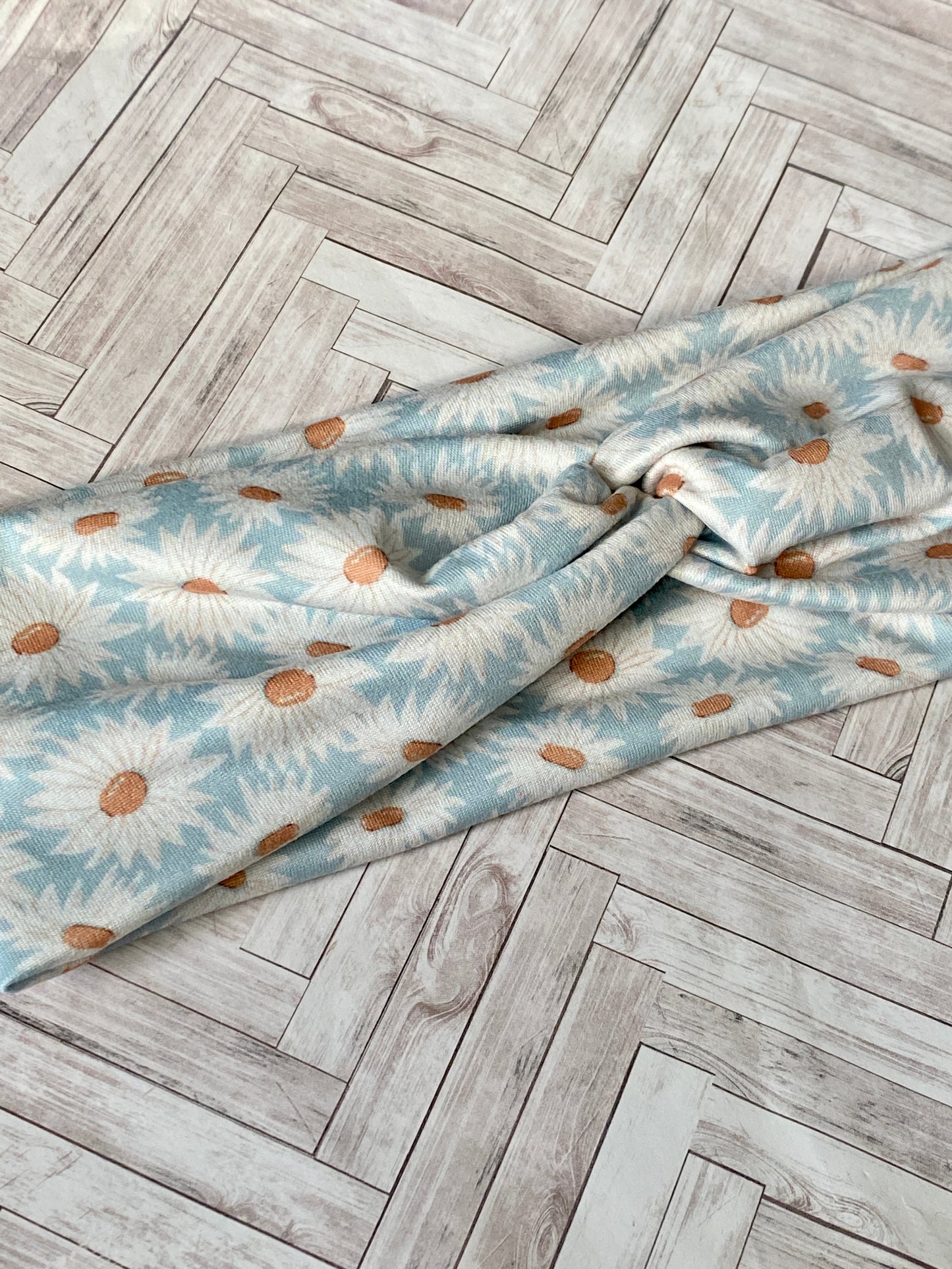 White Daisy on Blue twist headband